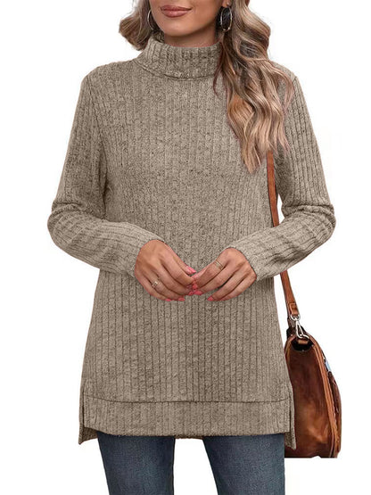 SHIBEVER Womens Sweaters Long Sleeve Fall Casual Tops Turtleneck Lightweight Soft Sweaters Side Split Fashion Pullover Loose Tunic Winter Clothes