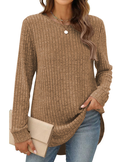 SHIBEVER Long Sleeve Tops for Women Casual Soft Sweaters Crewneck Side Spilt Shirts Winter Lightweight Sweaters for Women Shirts Dressy Pullover Sweatshirts