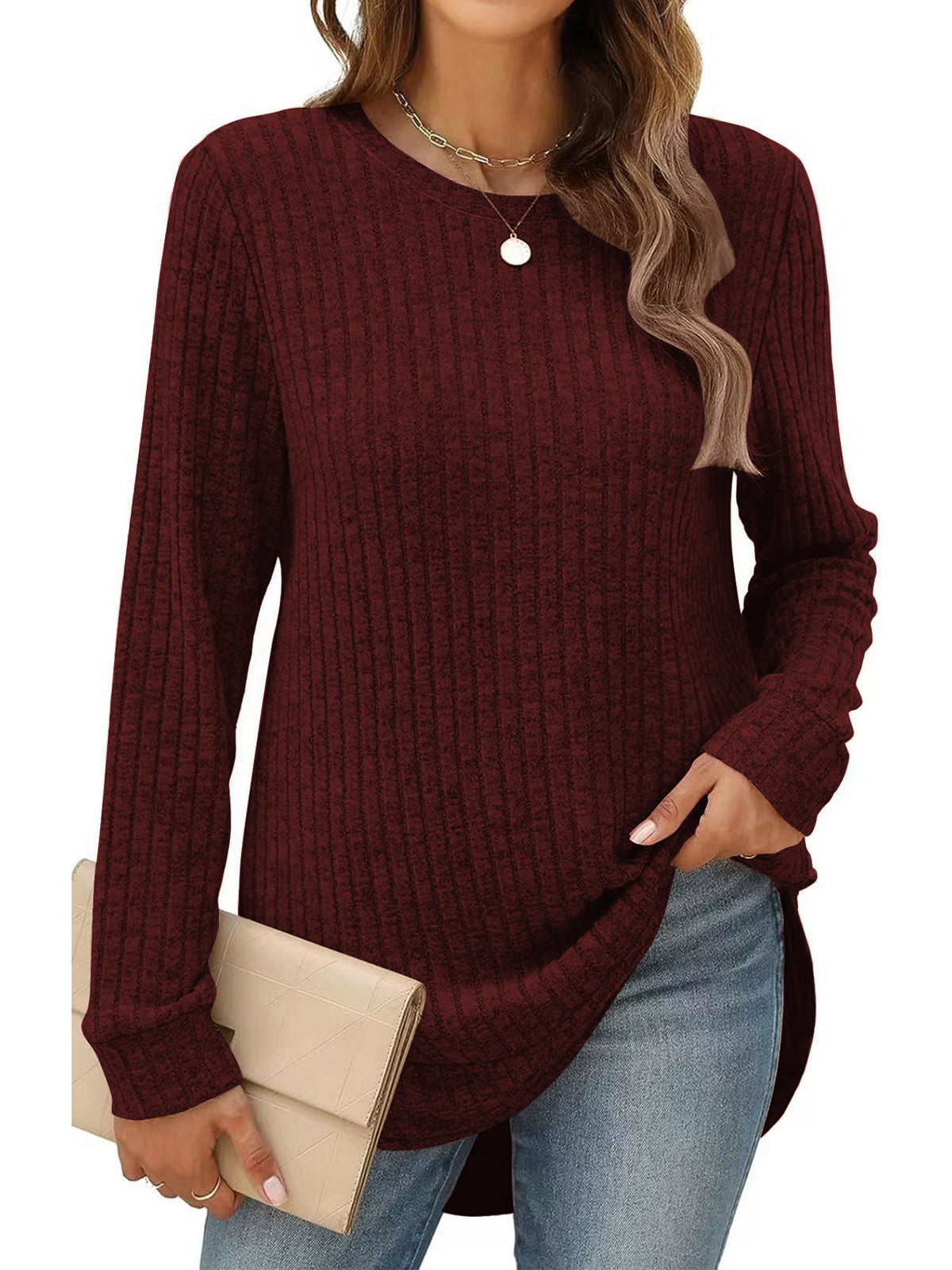 SHIBEVER Long Sleeve Tops for Women Casual Soft Sweaters Crewneck Side Spilt Shirts Winter Lightweight Sweaters for Women Shirts Dressy Pullover Sweatshirts