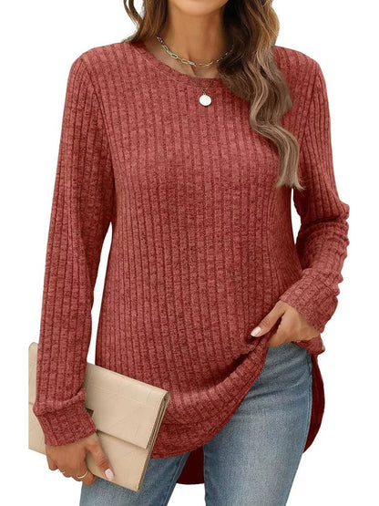 SHIBEVER Long Sleeve Tops for Women Casual Soft Sweaters Crewneck Side Spilt Shirts Winter Lightweight Sweaters for Women Shirts Dressy Pullover Sweatshirts