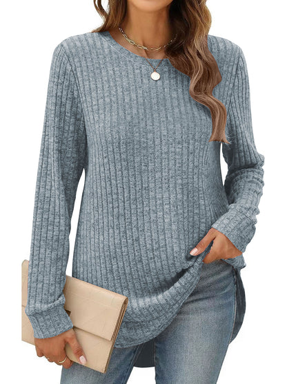 SHIBEVER Long Sleeve Tops for Women Casual Soft Sweaters Crewneck Side Spilt Shirts Winter Lightweight Sweaters for Women Shirts Dressy Pullover Sweatshirts