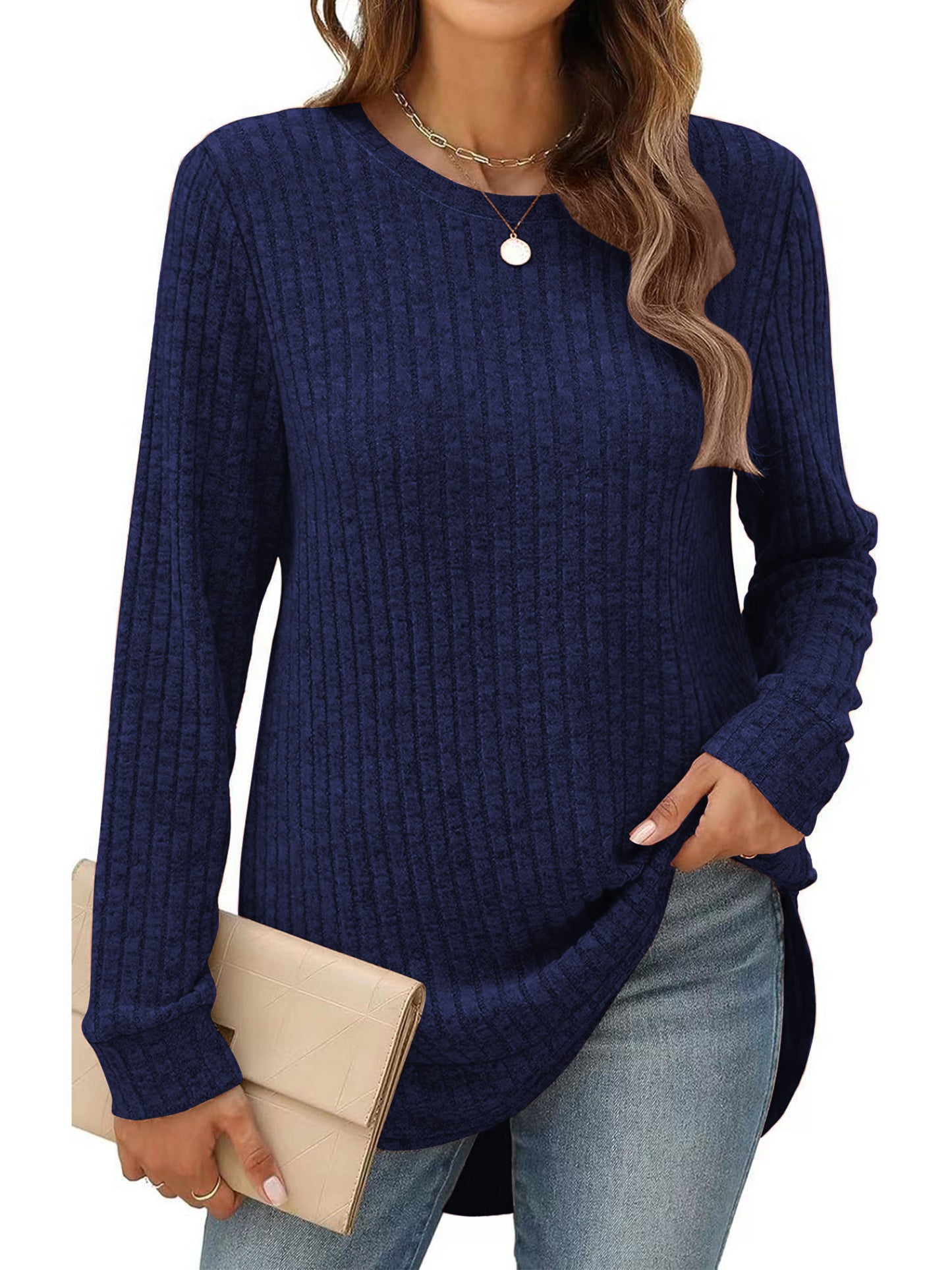 SHIBEVER Long Sleeve Tops for Women Fall Casual Lightweight Soft Sweaters Fashion Side Spilt Winter Pullover Loose Shirts for Women