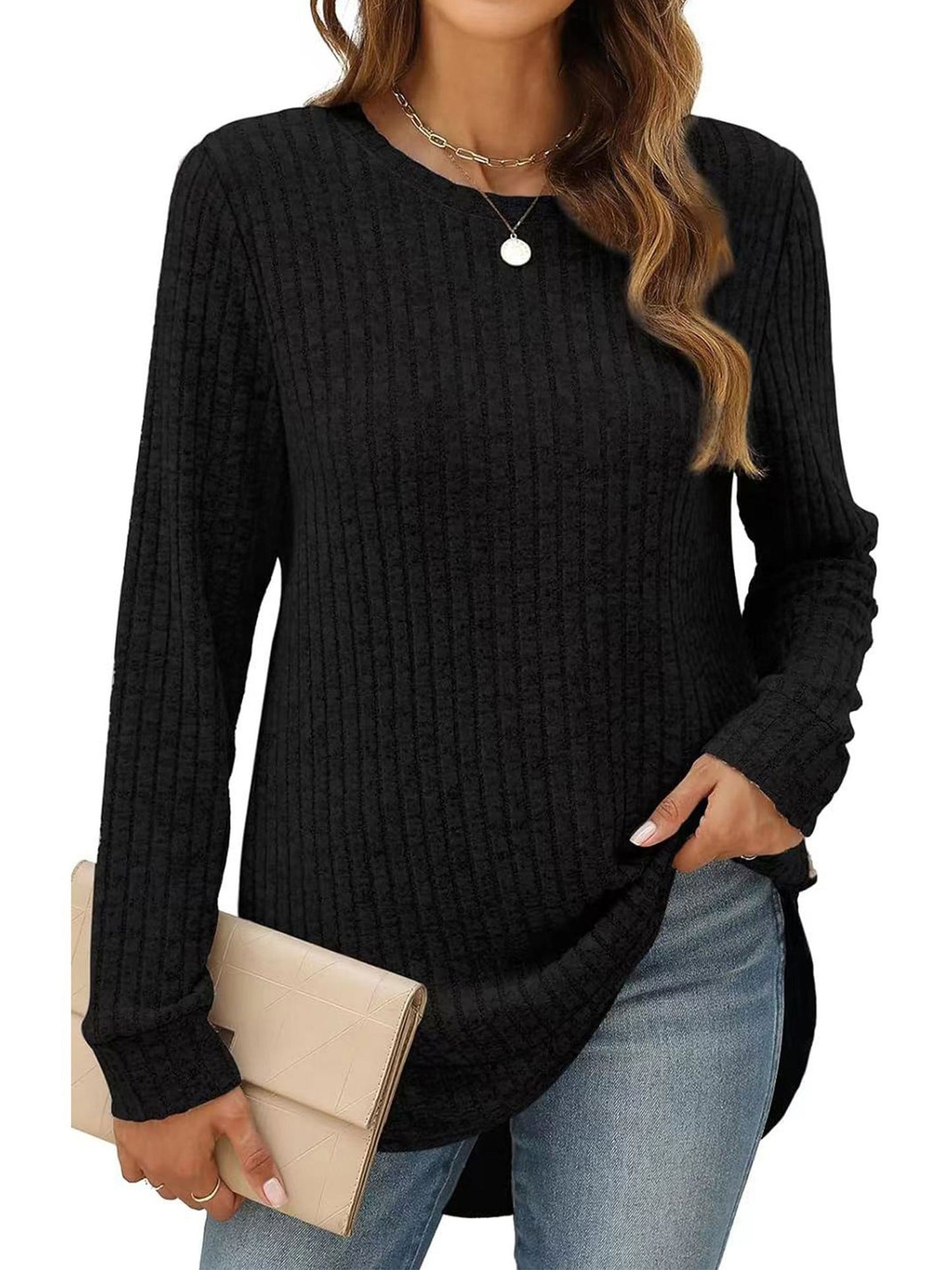 SHIBEVER Long Sleeve Tops for Women Fall Casual Lightweight Soft Sweaters Fashion Side Spilt Winter Pullover Loose Shirts for Women