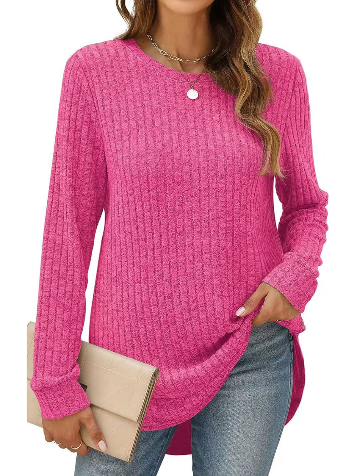 SHIBEVER Long Sleeve Tops for Women Casual Soft Sweaters Crewneck Side Spilt Shirts Winter Lightweight Sweaters for Women Shirts Dressy Pullover Sweatshirts