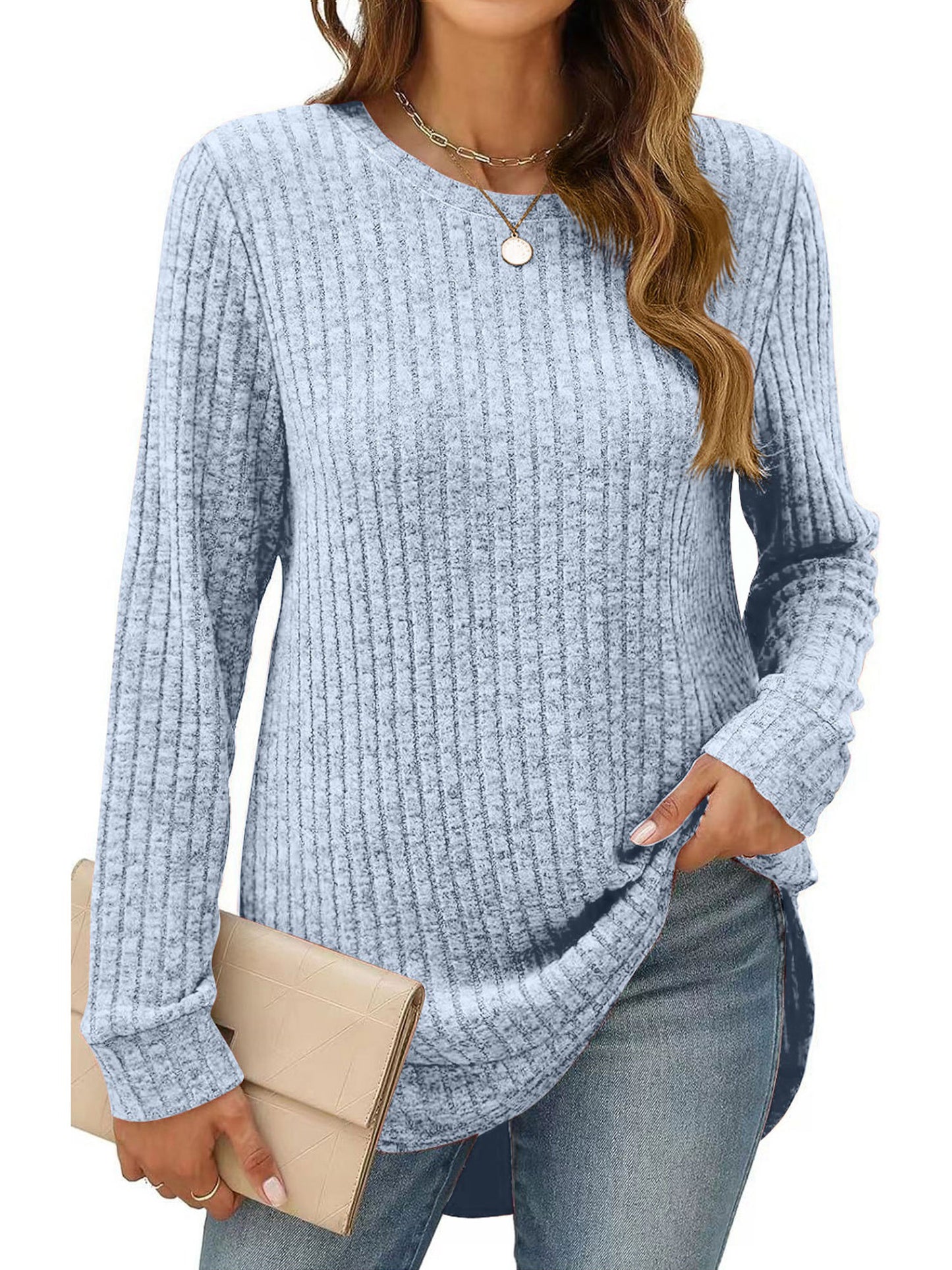 SHIBEVER Long Sleeve Tops for Women Fall Casual Lightweight Soft Sweaters Fashion Side Spilt Winter Pullover Loose Shirts for Women
