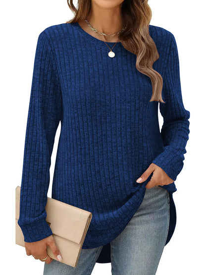 SHIBEVER Long Sleeve Tops for Women Casual Soft Sweaters Crewneck Side Spilt Shirts Winter Lightweight Sweaters for Women Shirts Dressy Pullover Sweatshirts