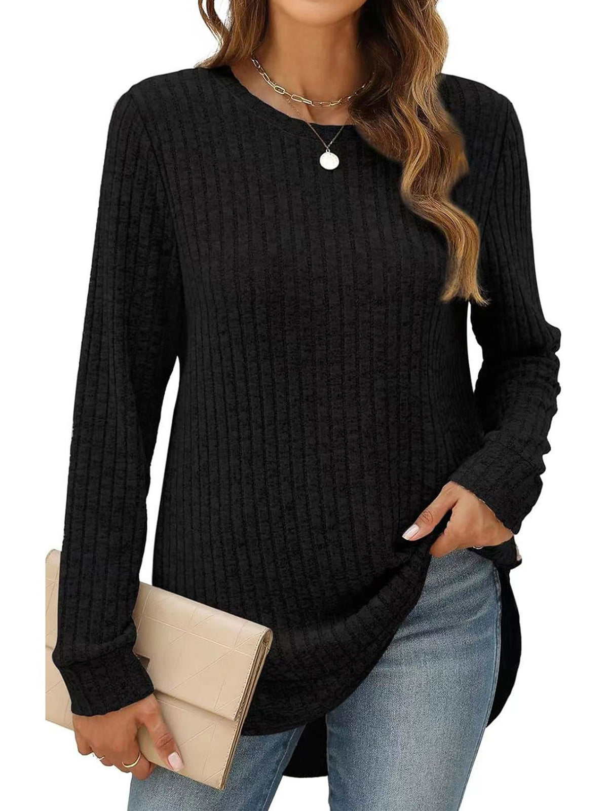 SHIBEVER Long Sleeve Tops for Women Casual Soft Sweaters Crewneck Side Spilt Shirts Winter Lightweight Sweaters for Women Shirts Dressy Pullover Sweatshirts