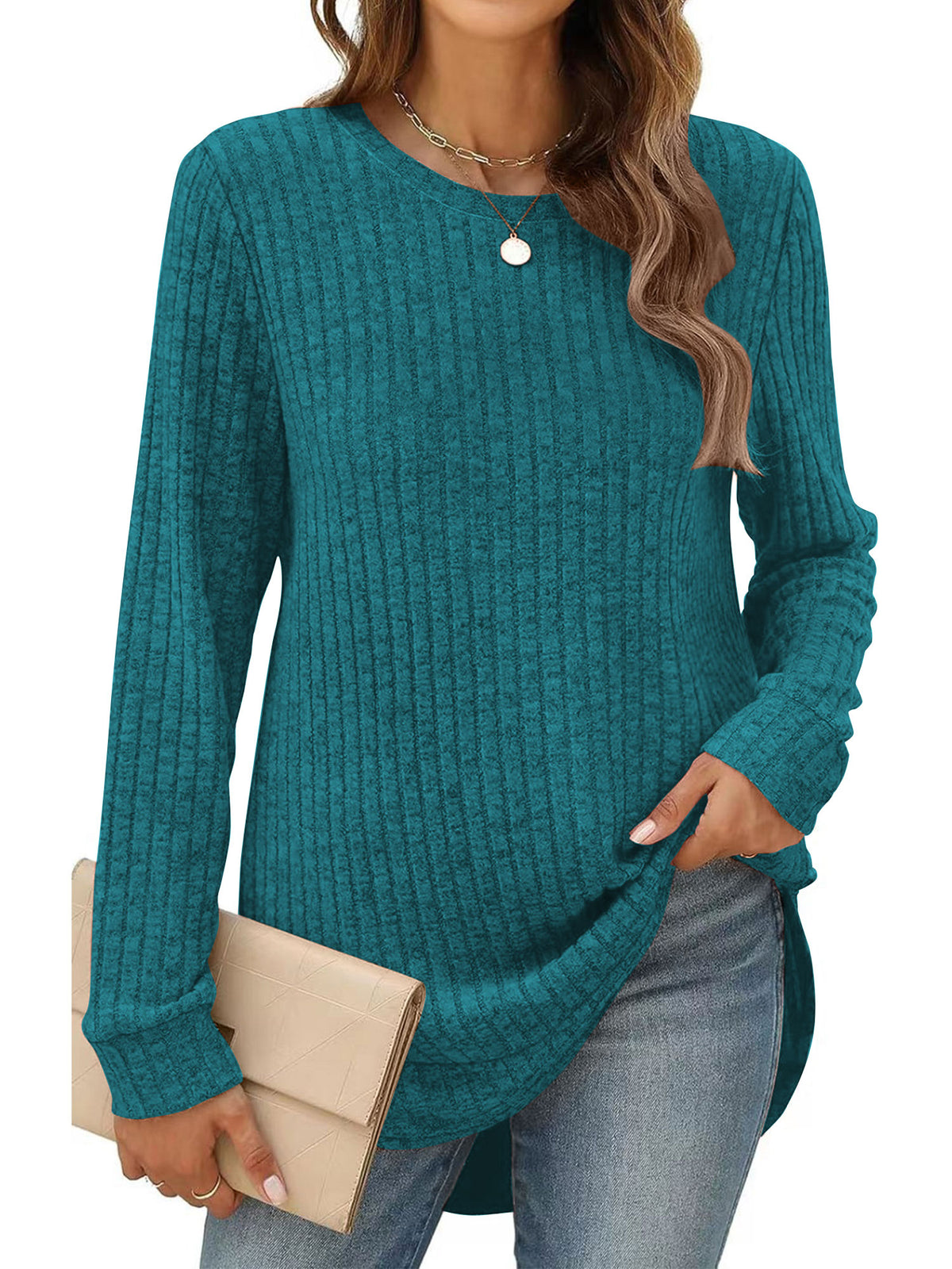 SHIBEVER Long Sleeve Tops for Women Casual Soft Sweaters Crewneck Side Spilt Shirts Winter Lightweight Sweaters for Women Shirts Dressy Pullover Sweatshirts