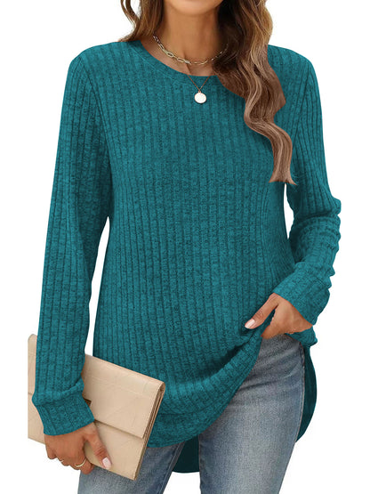SHIBEVER Long Sleeve Tops for Women Casual Soft Sweaters Crewneck Side Spilt Shirts Winter Lightweight Sweaters for Women Shirts Dressy Pullover Sweatshirts