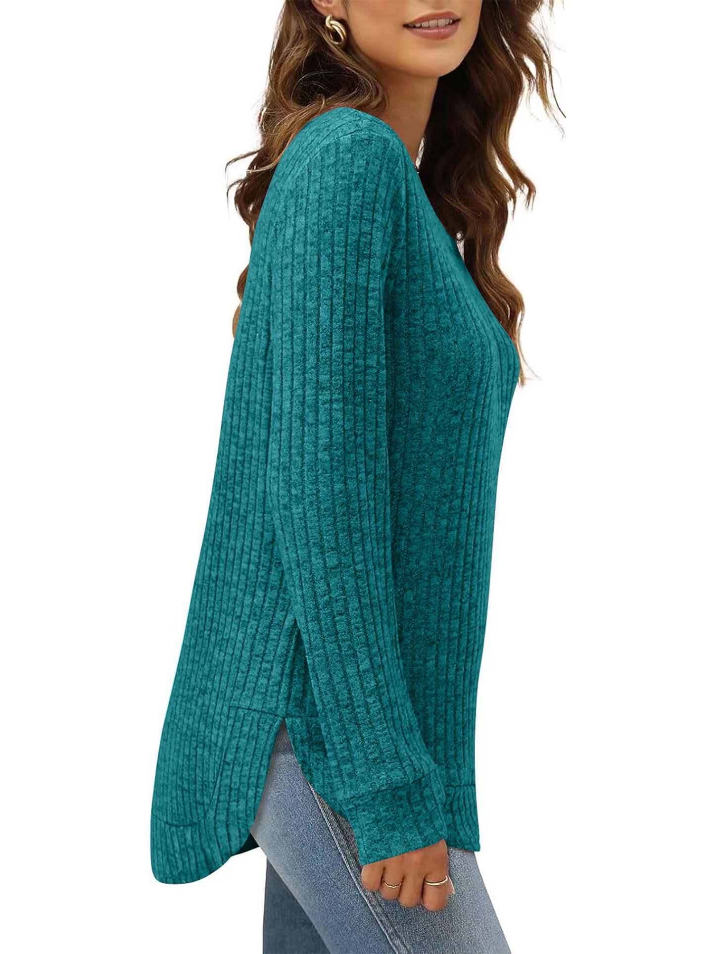 SHIBEVER Long Sleeve Tops for Women Fall Casual Lightweight Soft Sweaters Fashion Side Spilt Winter Pullover Loose Shirts for Women