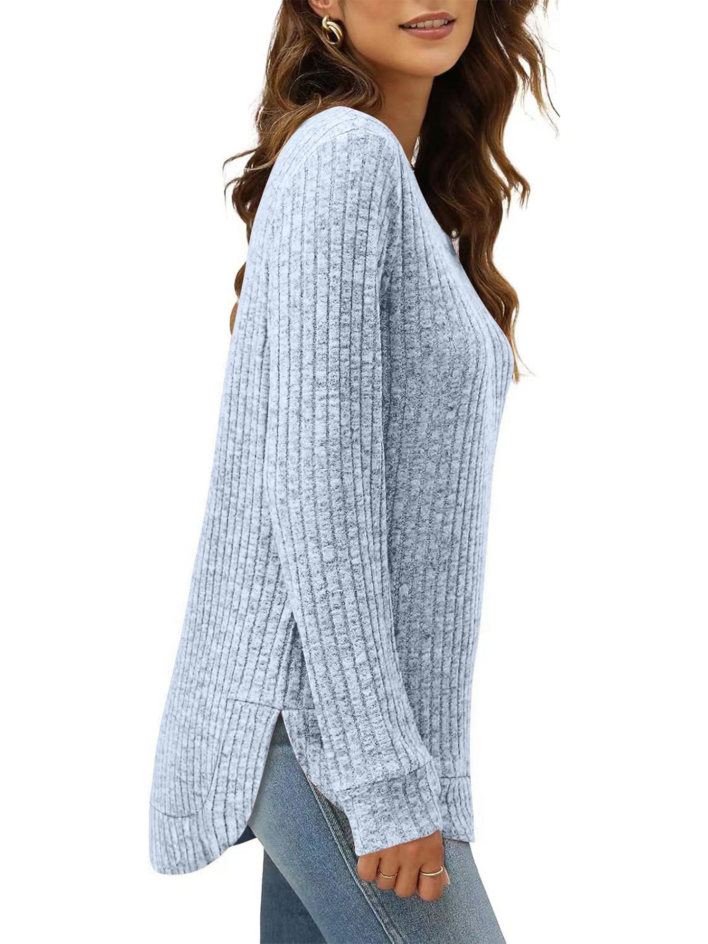 SHIBEVER Long Sleeve Tops for Women Fall Casual Lightweight Soft Sweaters Fashion Side Spilt Winter Pullover Loose Shirts for Women