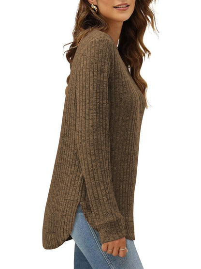 SHIBEVER Long Sleeve Tops for Women Fall Casual Lightweight Soft Sweaters Fashion Side Spilt Winter Pullover Loose Shirts for Women