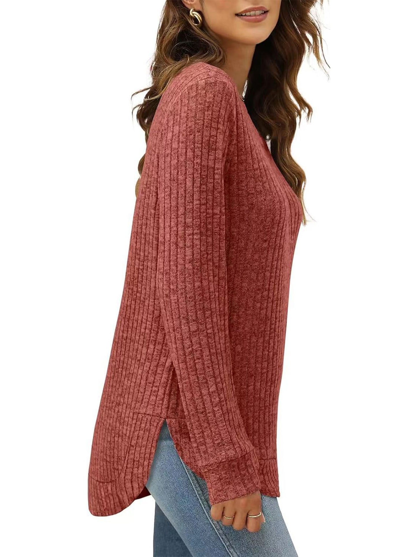 SHIBEVER Long Sleeve Tops for Women Fall Casual Lightweight Soft Sweaters Fashion Side Spilt Winter Pullover Loose Shirts for Women