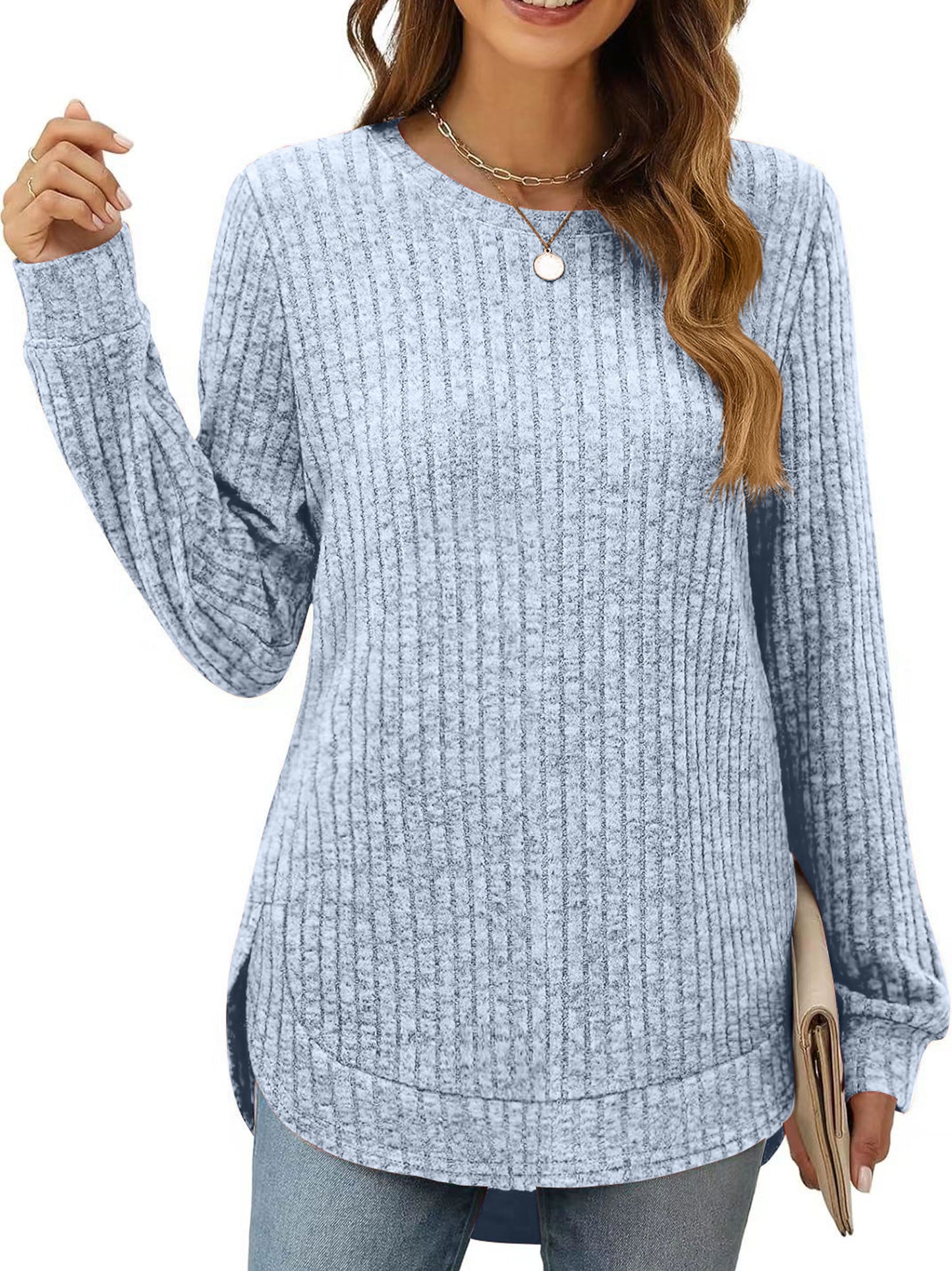 SHIBEVER Long Sleeve Tops for Women Fall Casual Lightweight Soft Sweaters Fashion Side Spilt Winter Pullover Loose Shirts for Women
