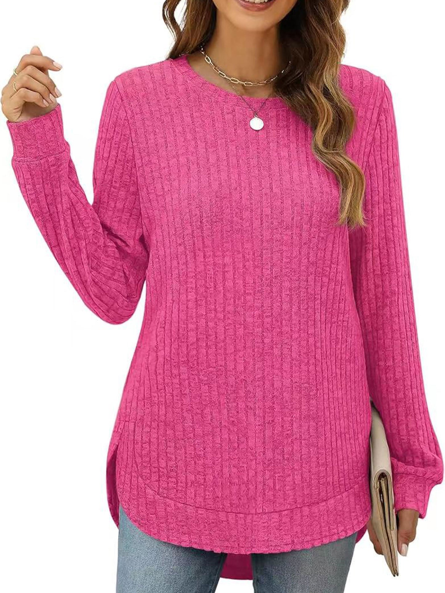 SHIBEVER Long Sleeve Tops for Women Fall Casual Lightweight Soft Sweaters Fashion Side Spilt Winter Pullover Loose Shirts for Women