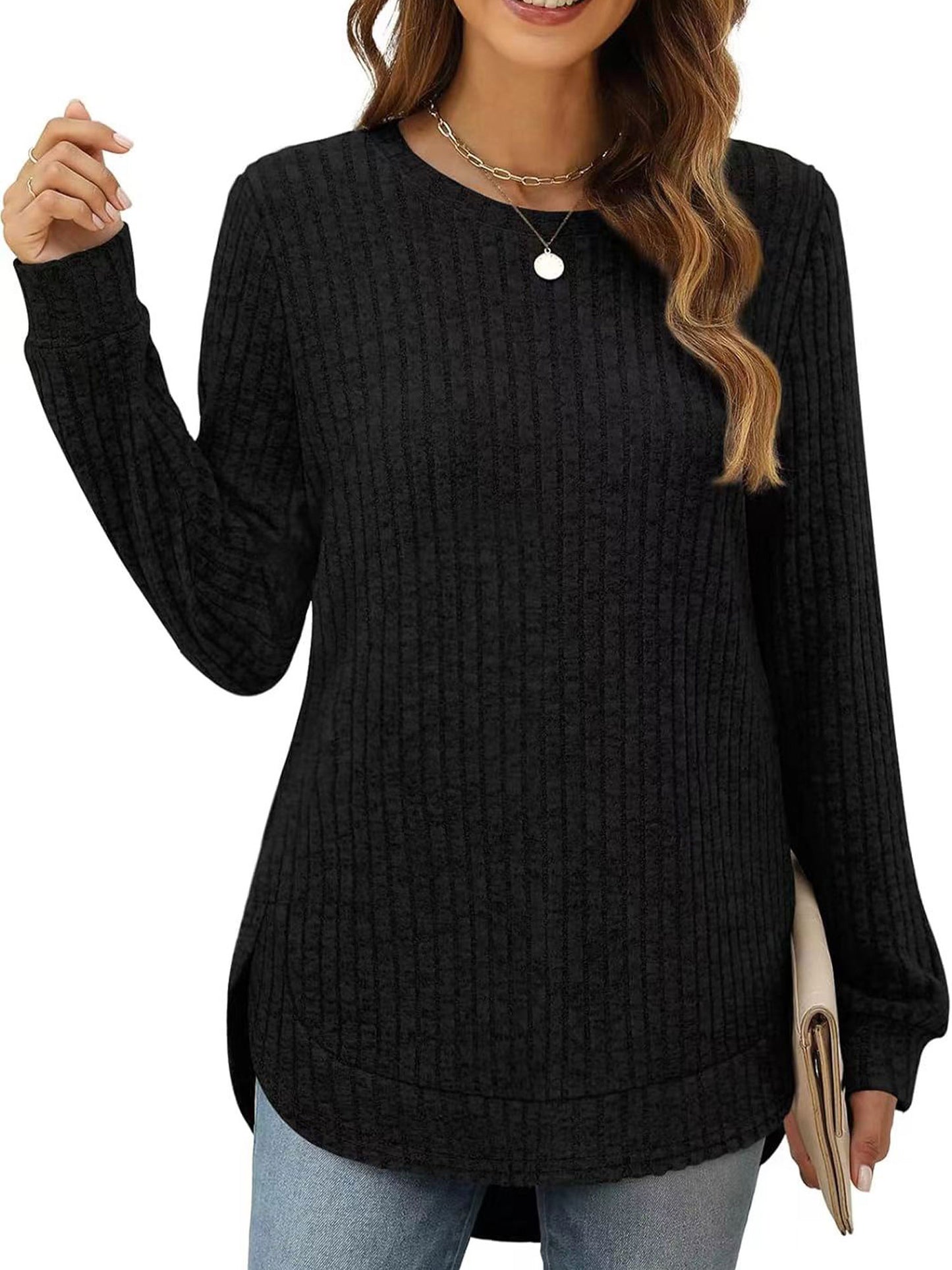 SHIBEVER Long Sleeve Tops for Women Fall Casual Lightweight Soft Sweaters Fashion Side Spilt Winter Pullover Loose Shirts for Women