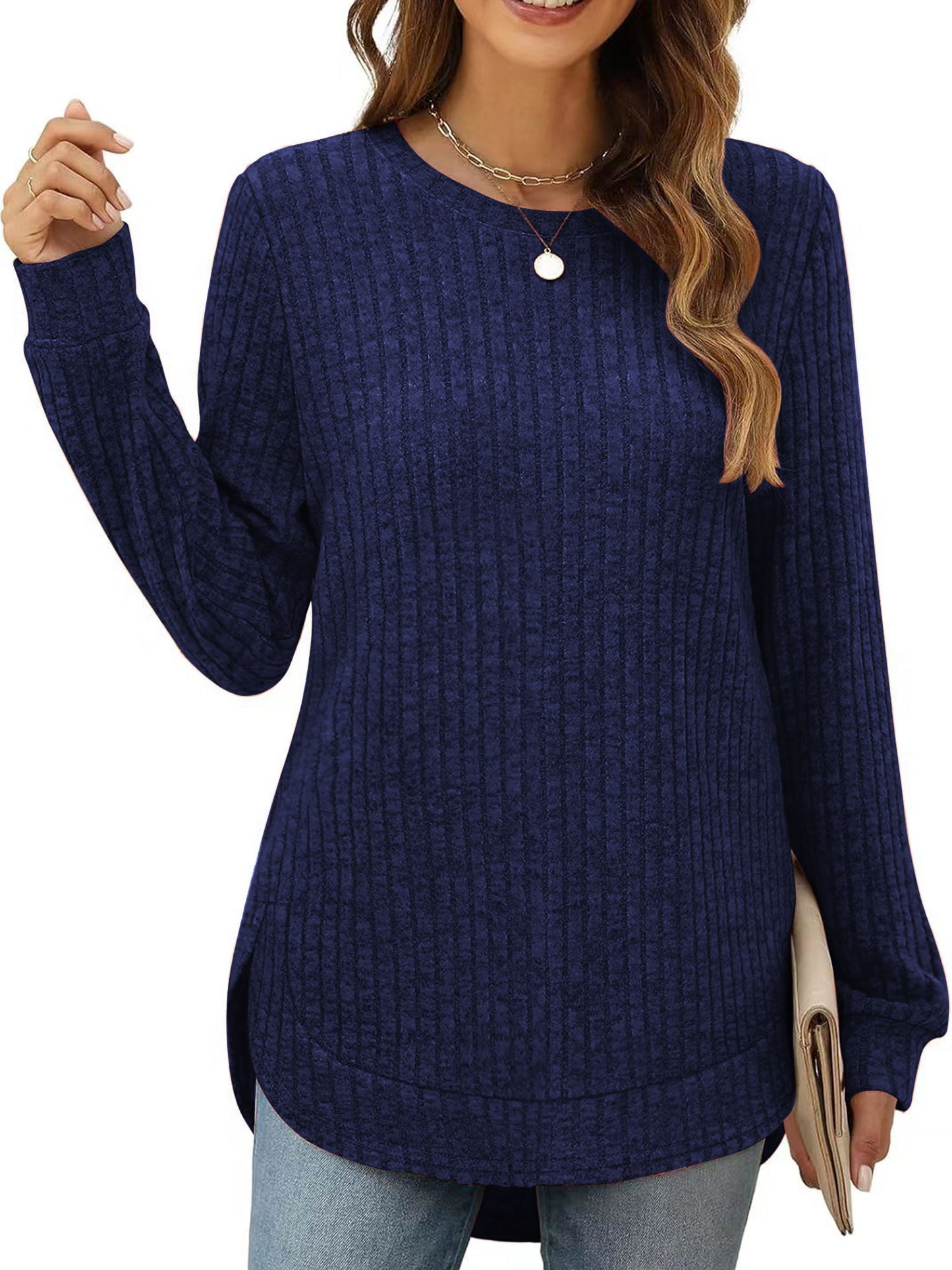 SHIBEVER Long Sleeve Tops for Women Fall Casual Lightweight Soft Sweaters Fashion Side Spilt Winter Pullover Loose Shirts for Women