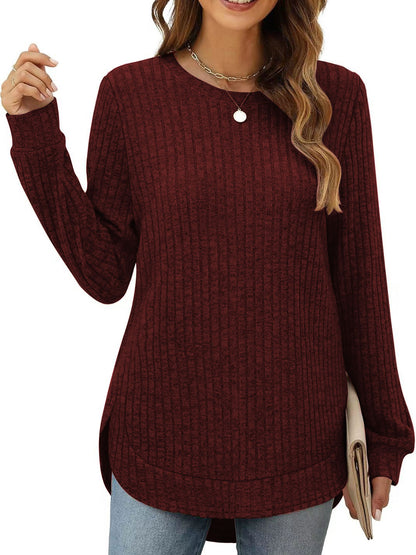 SHIBEVER Long Sleeve Tops for Women Fall Casual Lightweight Soft Sweaters Fashion Side Spilt Winter Pullover Loose Shirts for Women