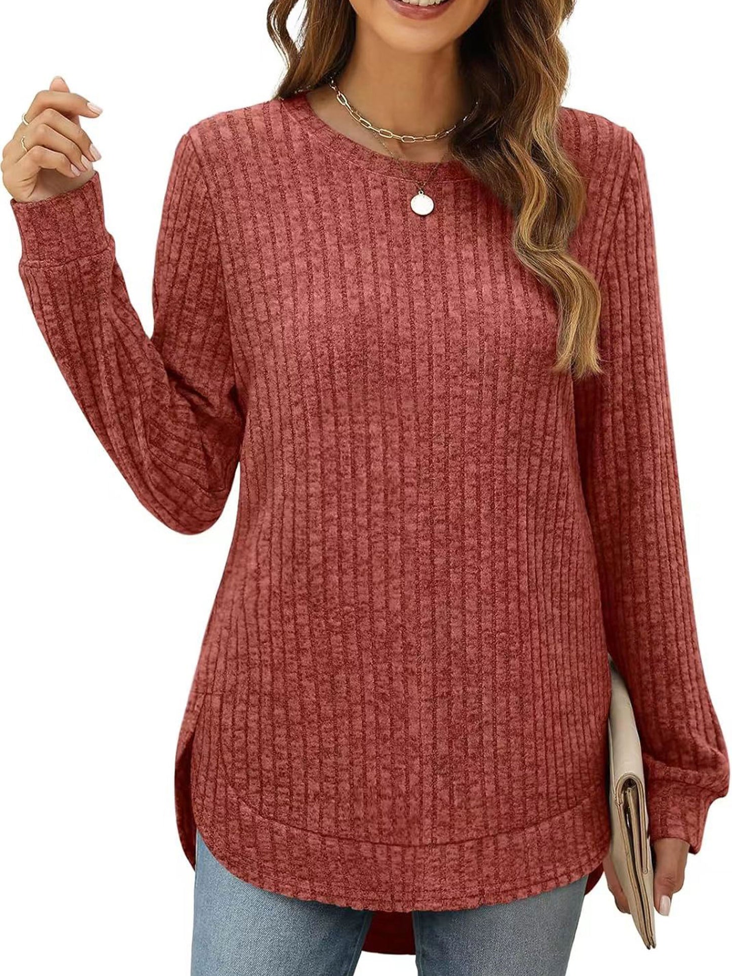 SHIBEVER Long Sleeve Tops for Women Fall Casual Lightweight Soft Sweaters Fashion Side Spilt Winter Pullover Loose Shirts for Women