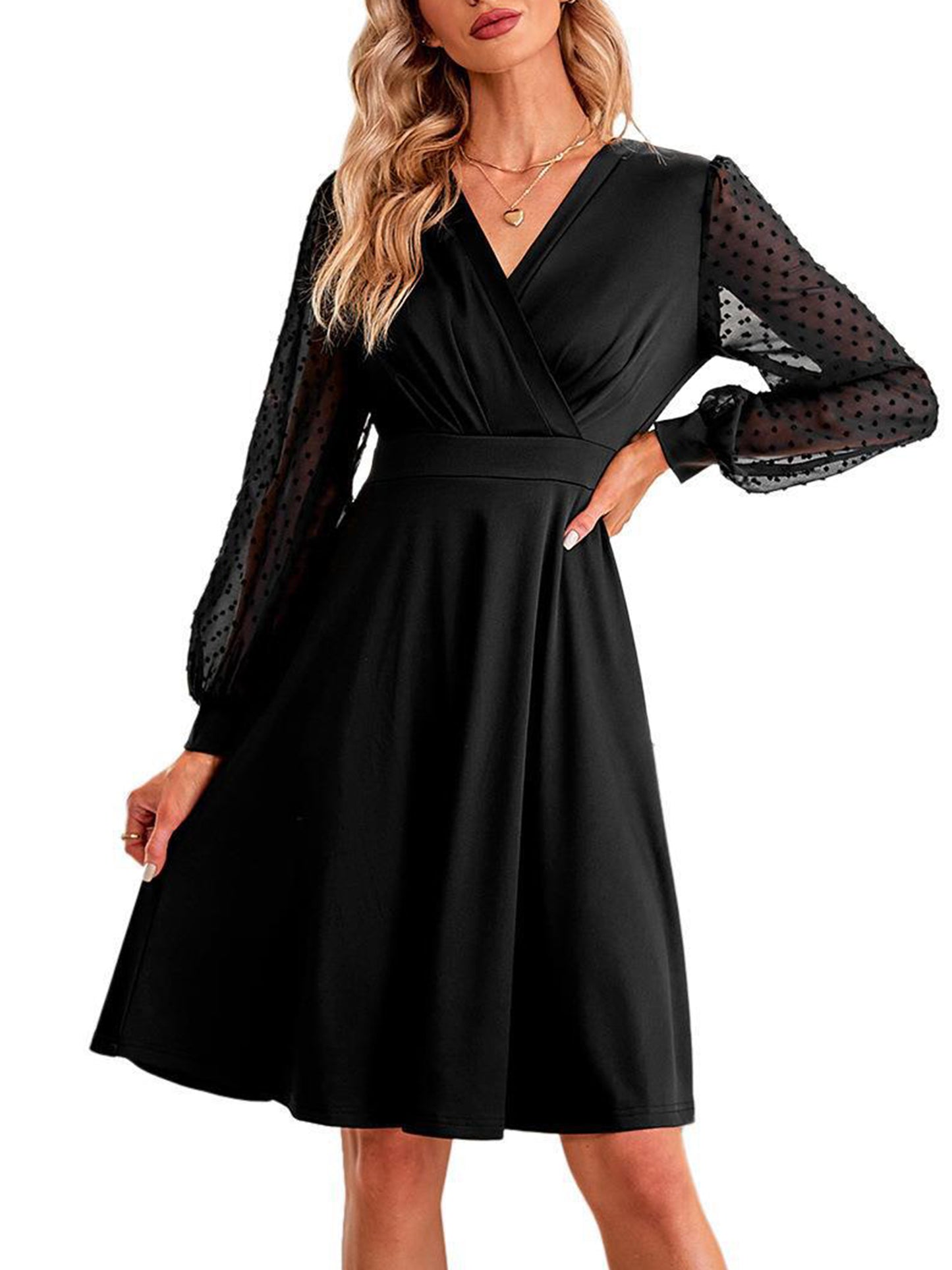 SHIBEVER Women Dress Casual Long Sleeve Shirt Dress V Neck Fashion Sheer Sleeves Black Elegant Mini Dresses for Women