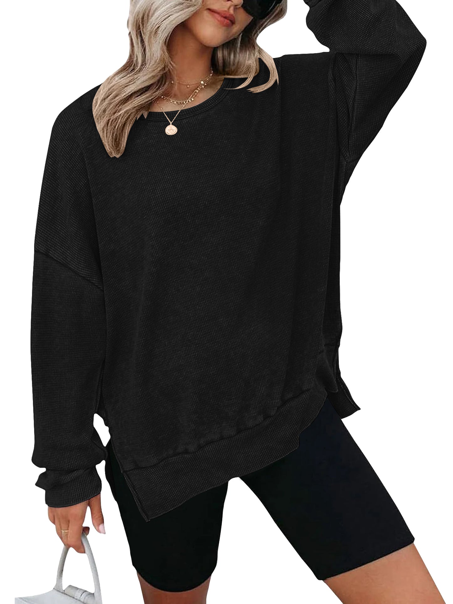 TEMOFON Womens Tops Long Sleeve Blouse Oversized Waffle Knit Crew Neck Sweatshirts Fashion Side Slits Casual Pullover