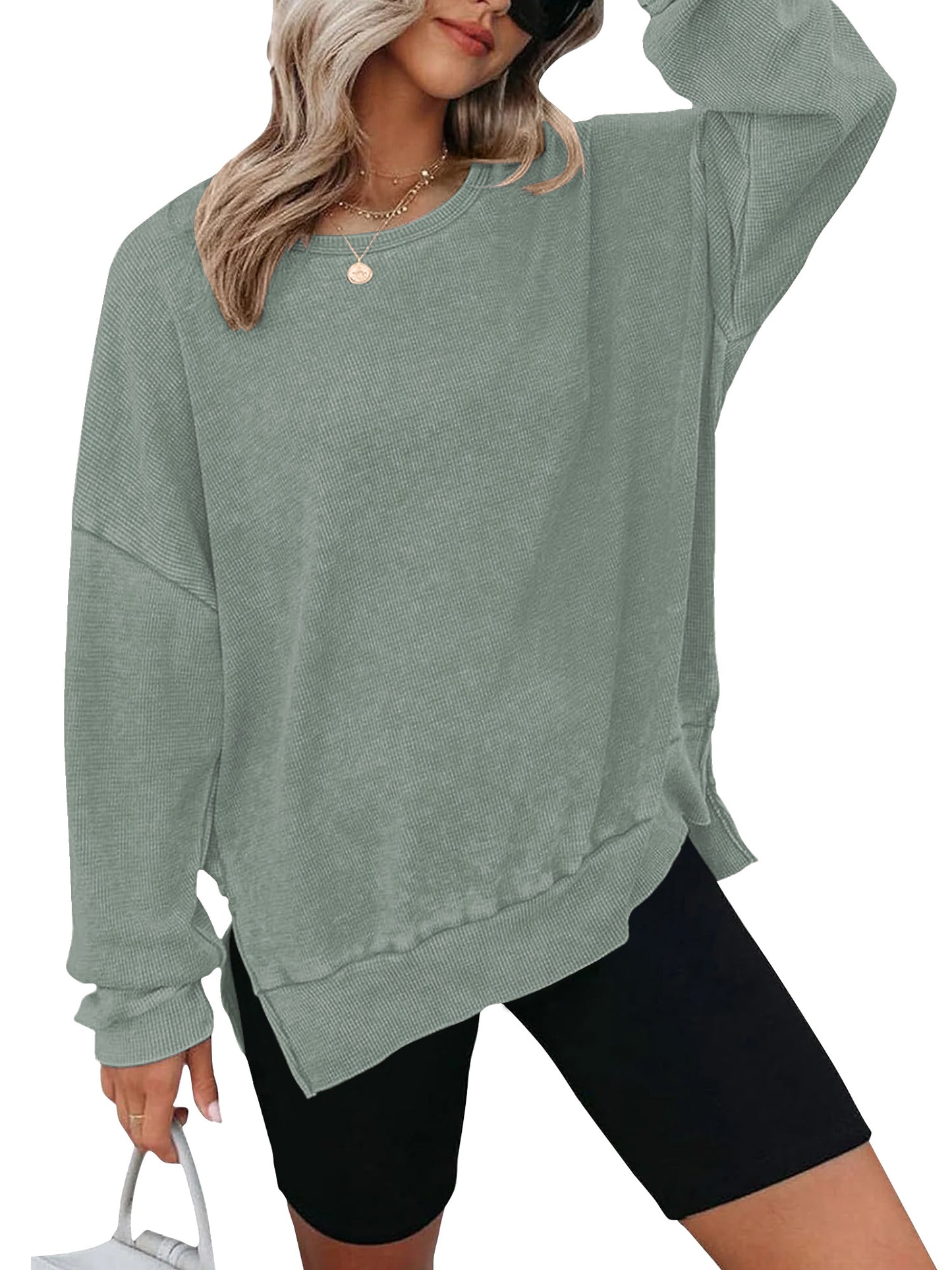 TEMOFON Womens Tops Long Sleeve Blouse Oversized Waffle Knit Crew Neck Sweatshirts Fashion Side Slits Casual Pullover