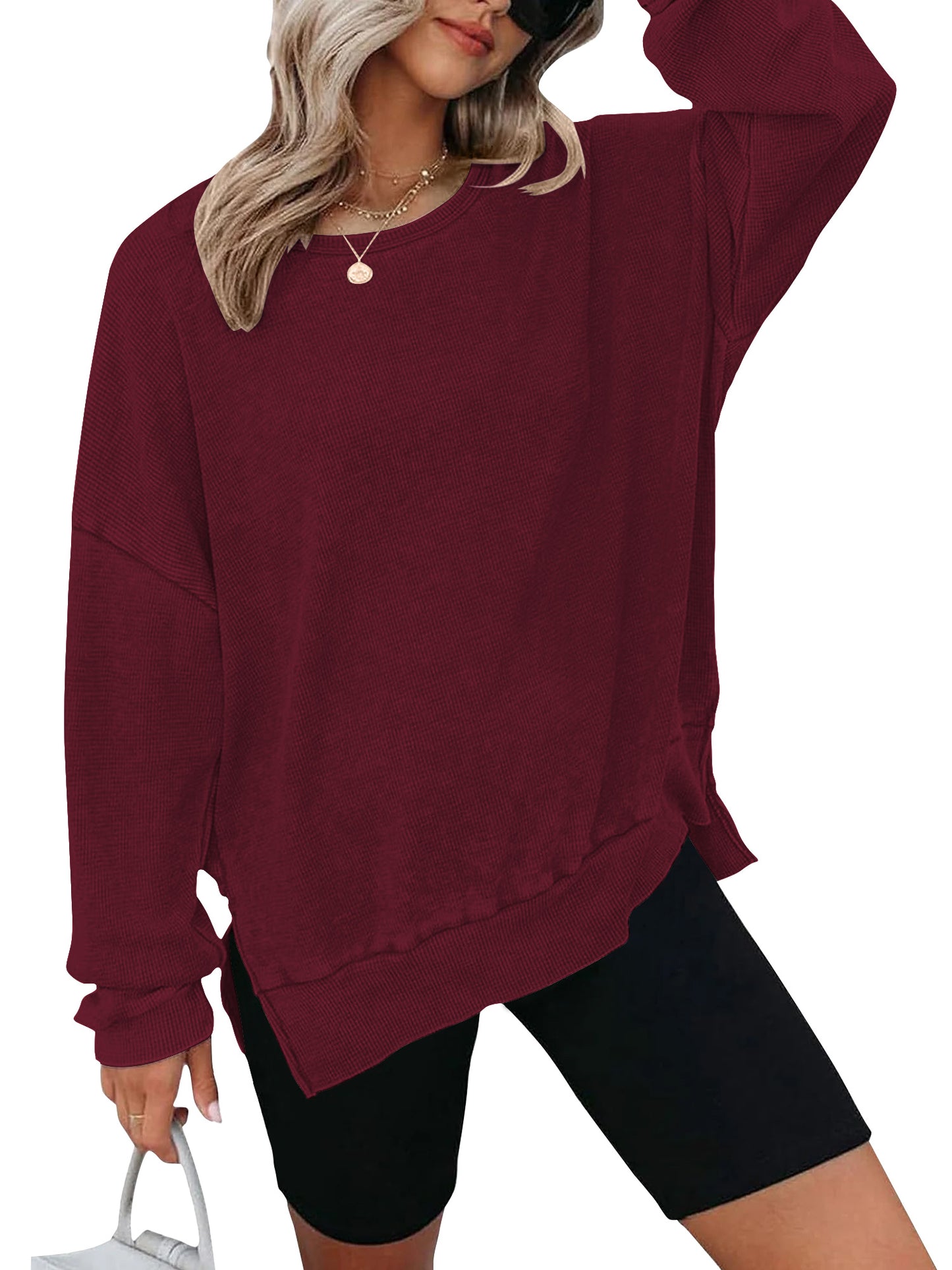 TEMOFON Womens Tops Long Sleeve Blouse Oversized Waffle Knit Crew Neck Sweatshirts Fashion Side Slits Casual Pullover