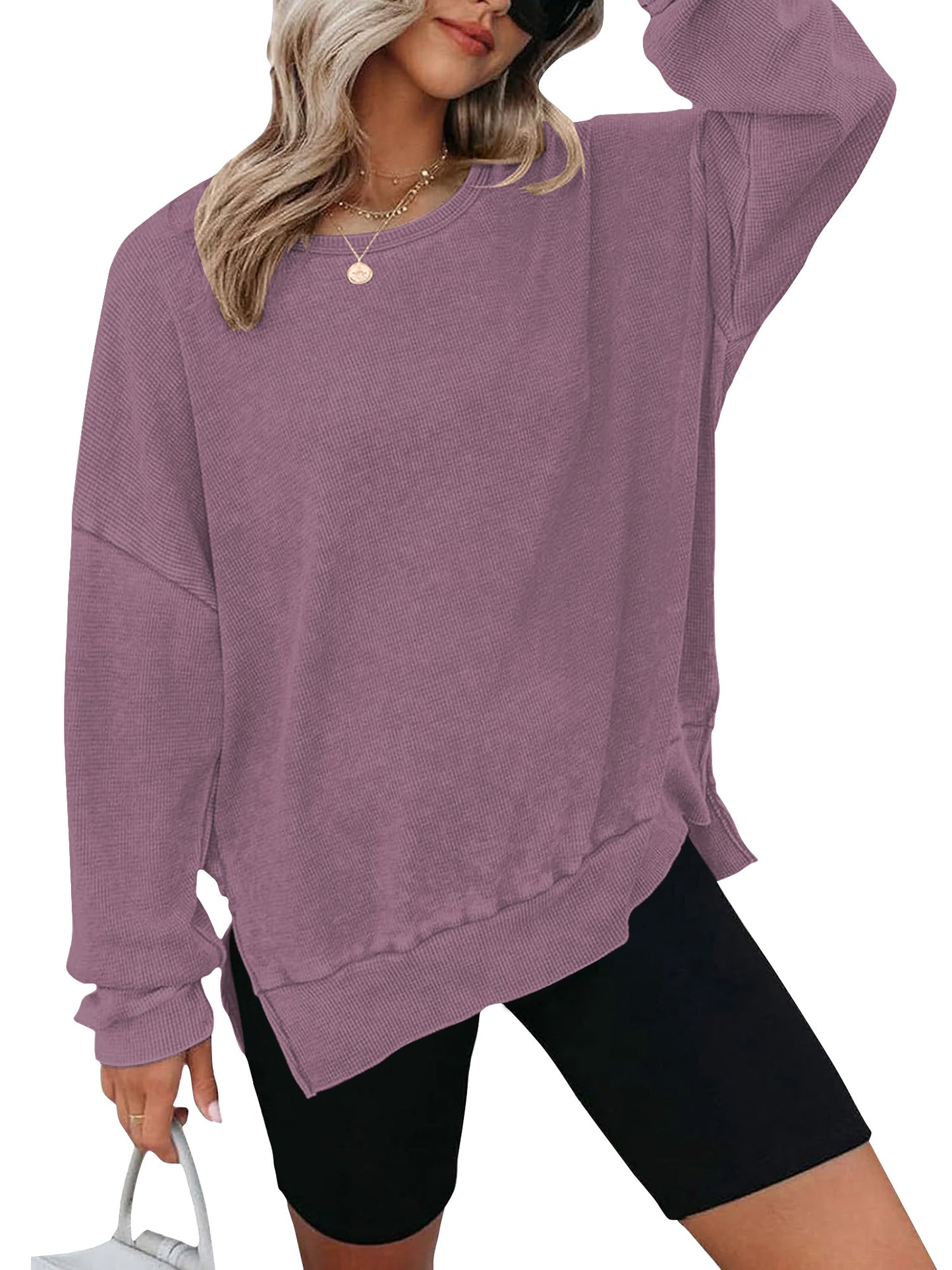 TEMOFON Womens Tops Long Sleeve Blouse Oversized Waffle Knit Crew Neck Sweatshirts Fashion Side Slits Casual Pullover