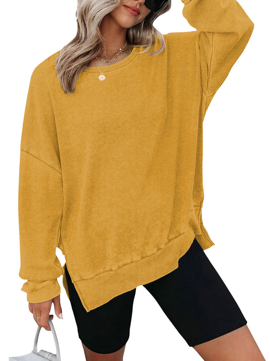 TEMOFON Womens Tops Long Sleeve Blouse Oversized Waffle Knit Crew Neck Sweatshirts Fashion Side Slits Casual Pullover