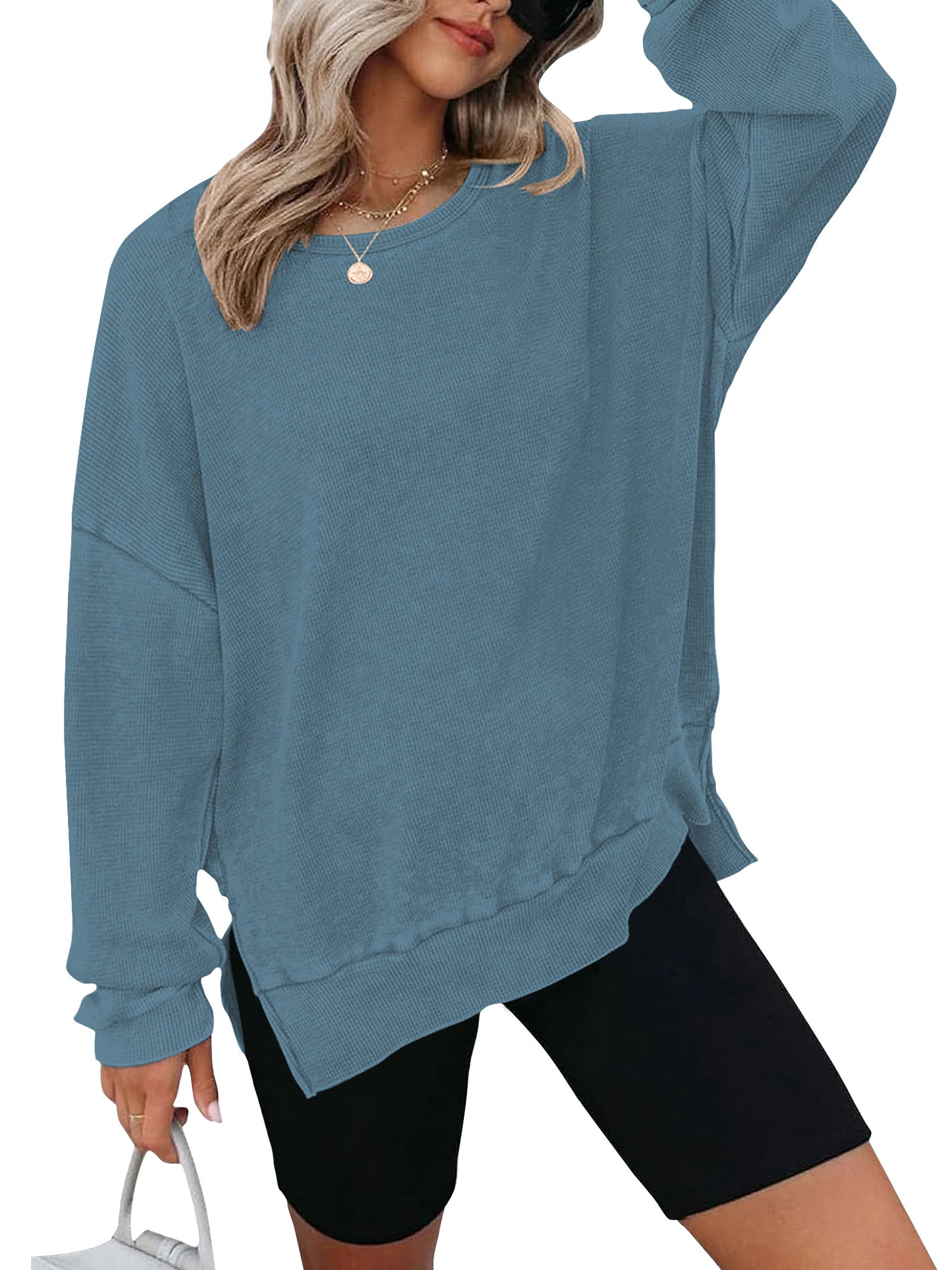 TEMOFON Womens Tops Long Sleeve Blouse Oversized Waffle Knit Crew Neck Sweatshirts Fashion Side Slits Casual Pullover