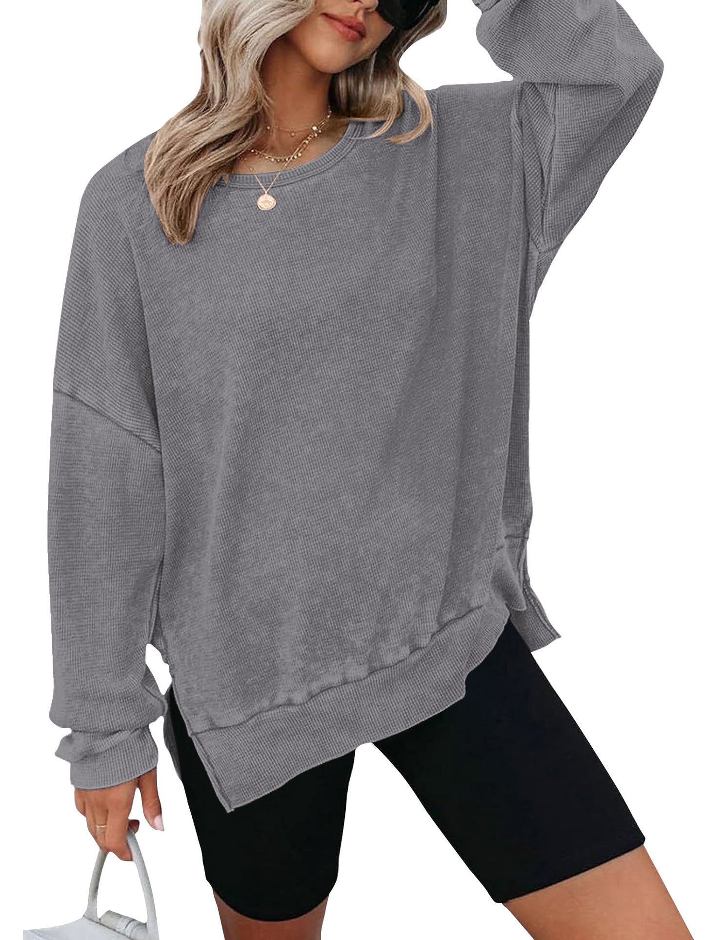 TEMOFON Womens Tops Long Sleeve Blouse Oversized Waffle Knit Crew Neck Sweatshirts Fashion Side Slits Casual Pullover