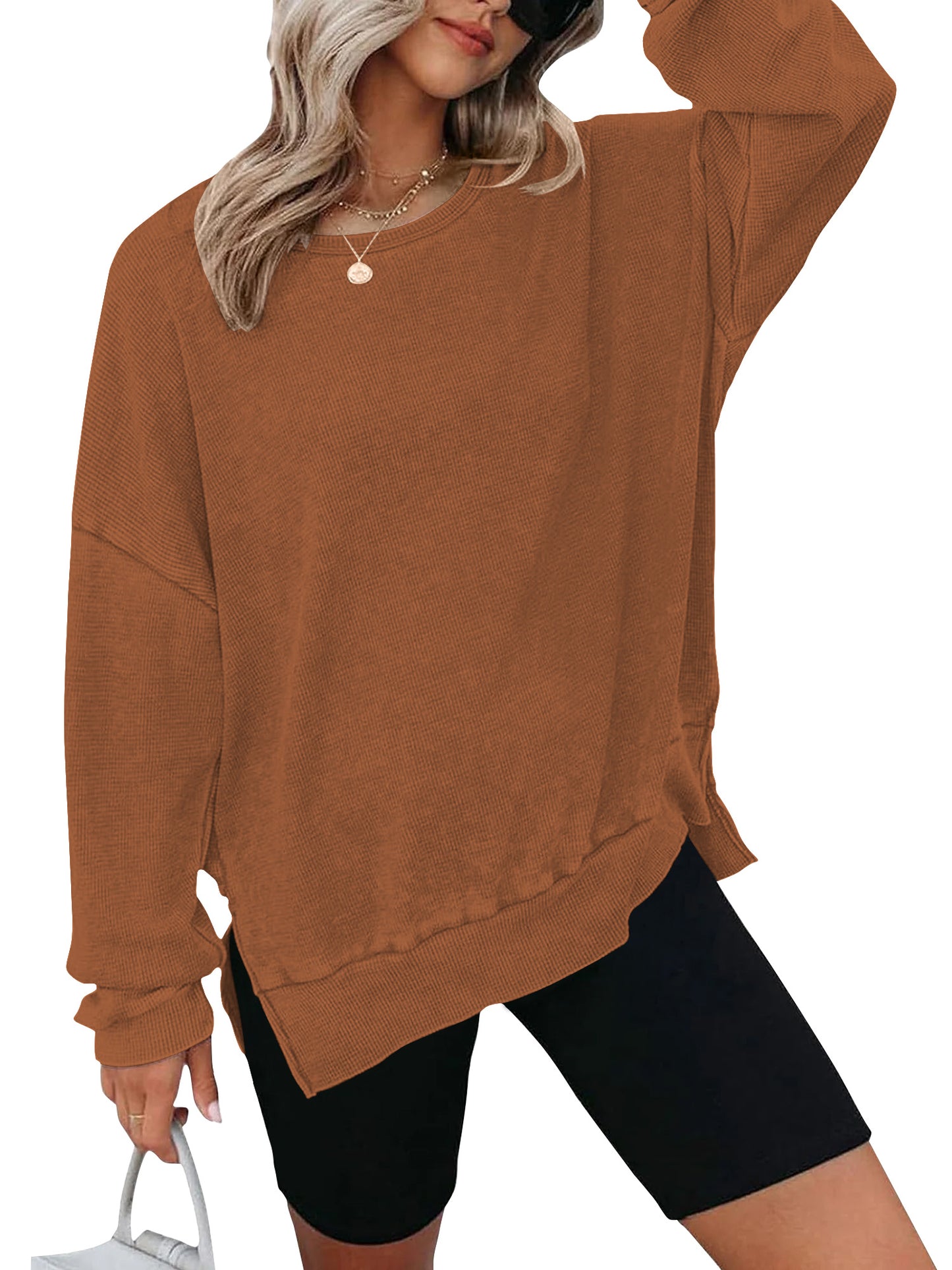 TEMOFON Womens Tops Long Sleeve Blouse Oversized Waffle Knit Crew Neck Sweatshirts Fashion Side Slits Casual Pullover
