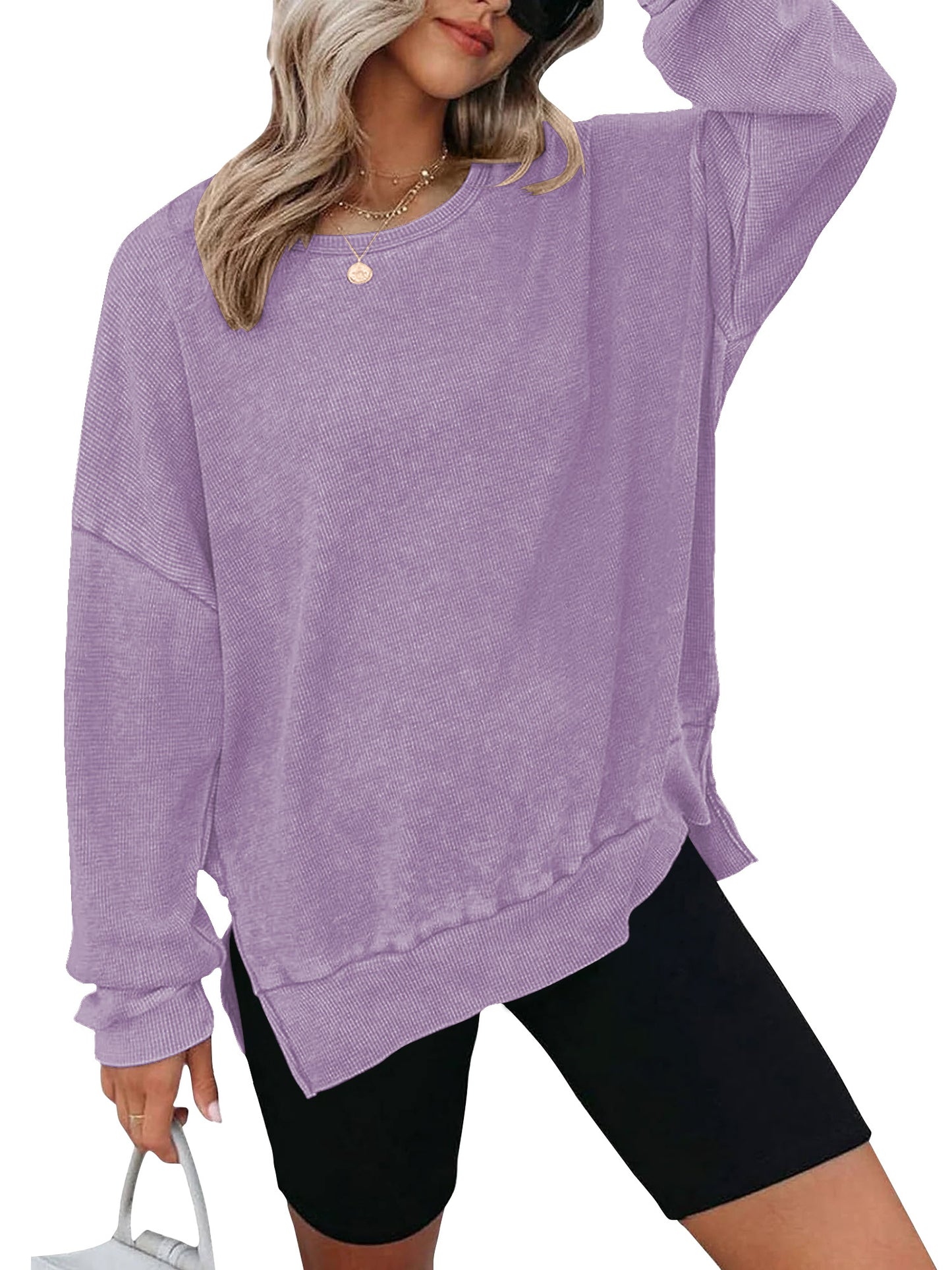 TEMOFON Womens Tops Long Sleeve Blouse Oversized Waffle Knit Crew Neck Sweatshirts Fashion Side Slits Casual Pullover