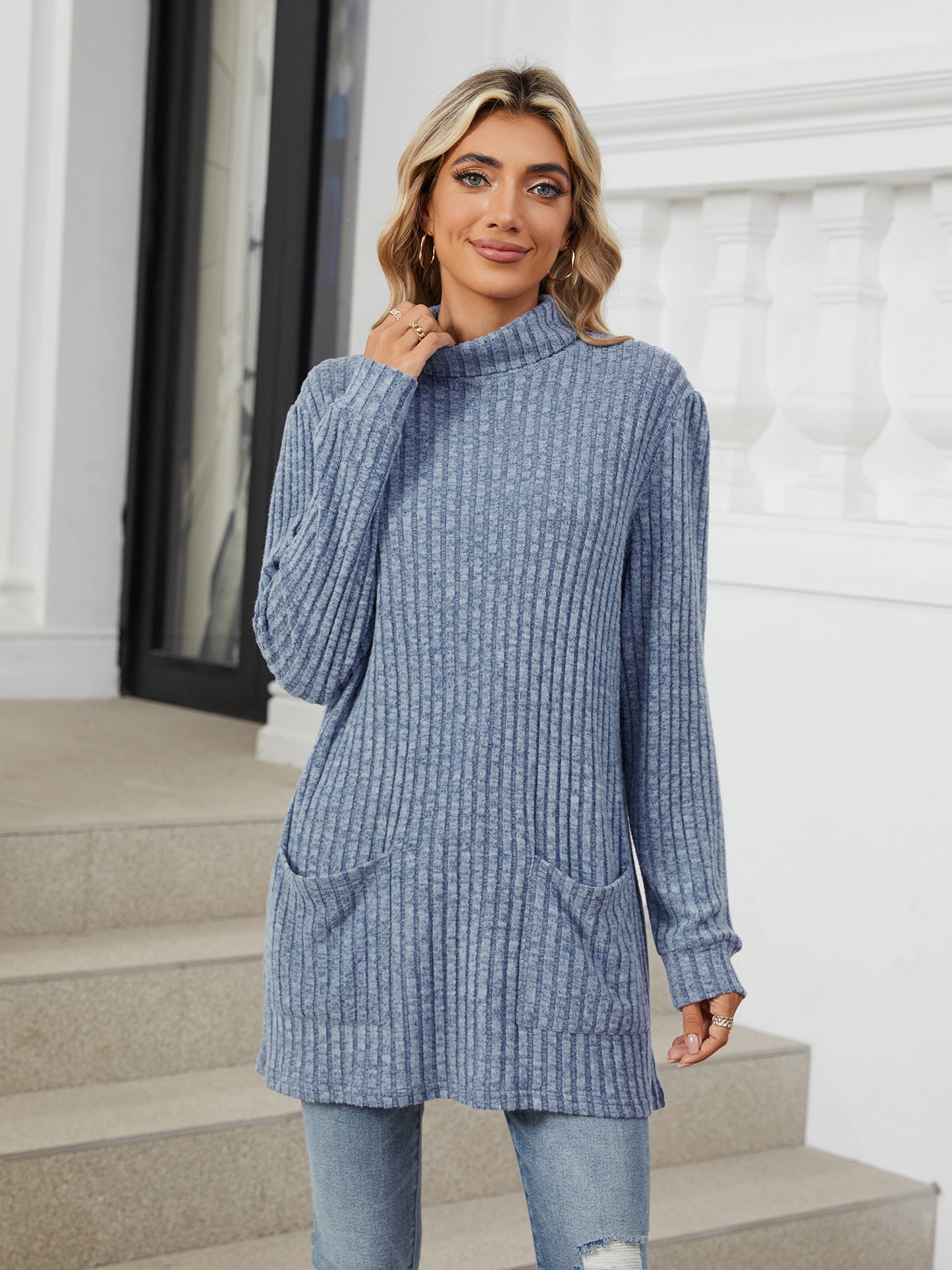 TEMOFON Long Sleeve Tops for Women Casual Turtleneck Soft Sweaters Fall Loose Knit Tunic Tops Fall Pullover Winter Clothes with Pocket