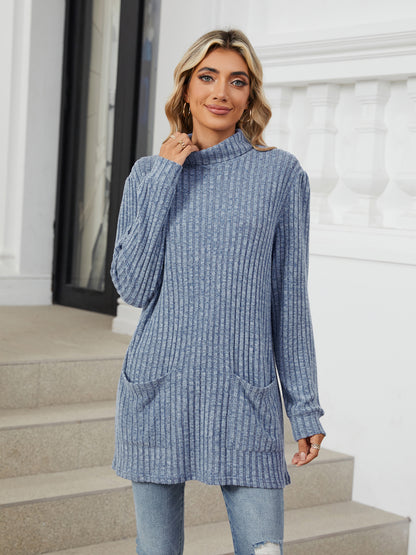 TEMOFON Long Sleeve Tops for Women Casual Turtleneck Soft Sweaters Fall Loose Knit Tunic Tops Fall Pullover Winter Clothes with Pocket