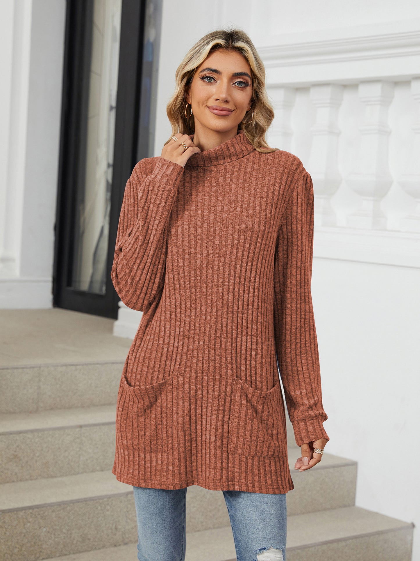 TEMOFON Long Sleeve Tops for Women Casual Turtleneck Soft Sweaters Fall Loose Knit Tunic Tops Fall Pullover Winter Clothes with Pocket