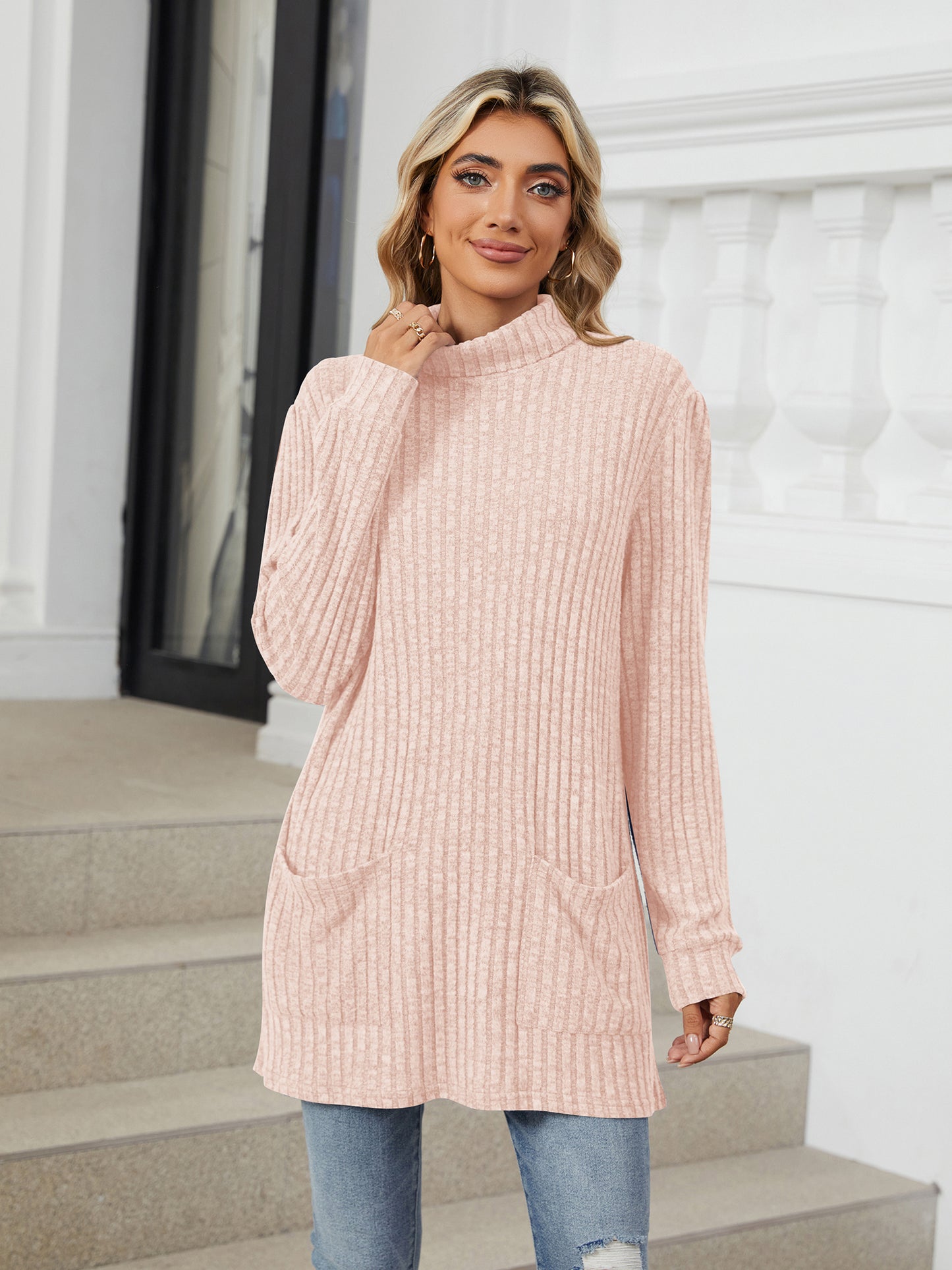 TEMOFON Long Sleeve Tops for Women Casual Turtleneck Soft Sweaters Fall Loose Knit Tunic Tops Fall Pullover Winter Clothes with Pocket