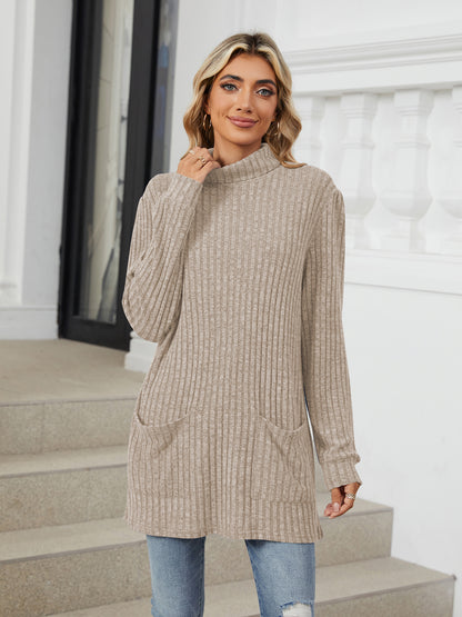 TEMOFON Long Sleeve Tops for Women Casual Turtleneck Soft Sweaters Fall Loose Knit Tunic Tops Fall Pullover Winter Clothes with Pocket