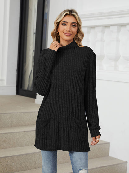 TEMOFON Long Sleeve Tops for Women Casual Turtleneck Soft Sweaters Fall Loose Knit Tunic Tops Fall Pullover Winter Clothes with Pocket