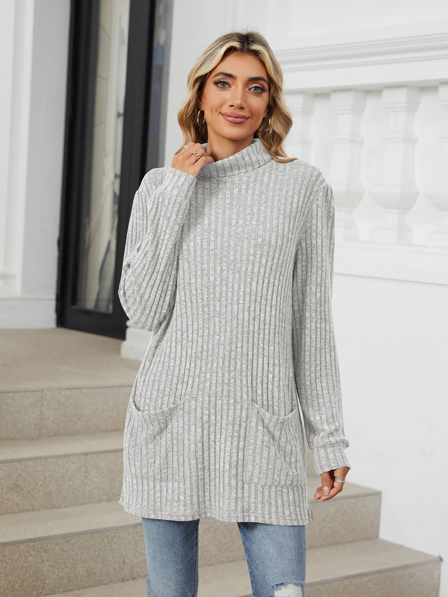 TEMOFON Long Sleeve Tops for Women Casual Turtleneck Soft Sweaters Fall Loose Knit Tunic Tops Fall Pullover Winter Clothes with Pocket