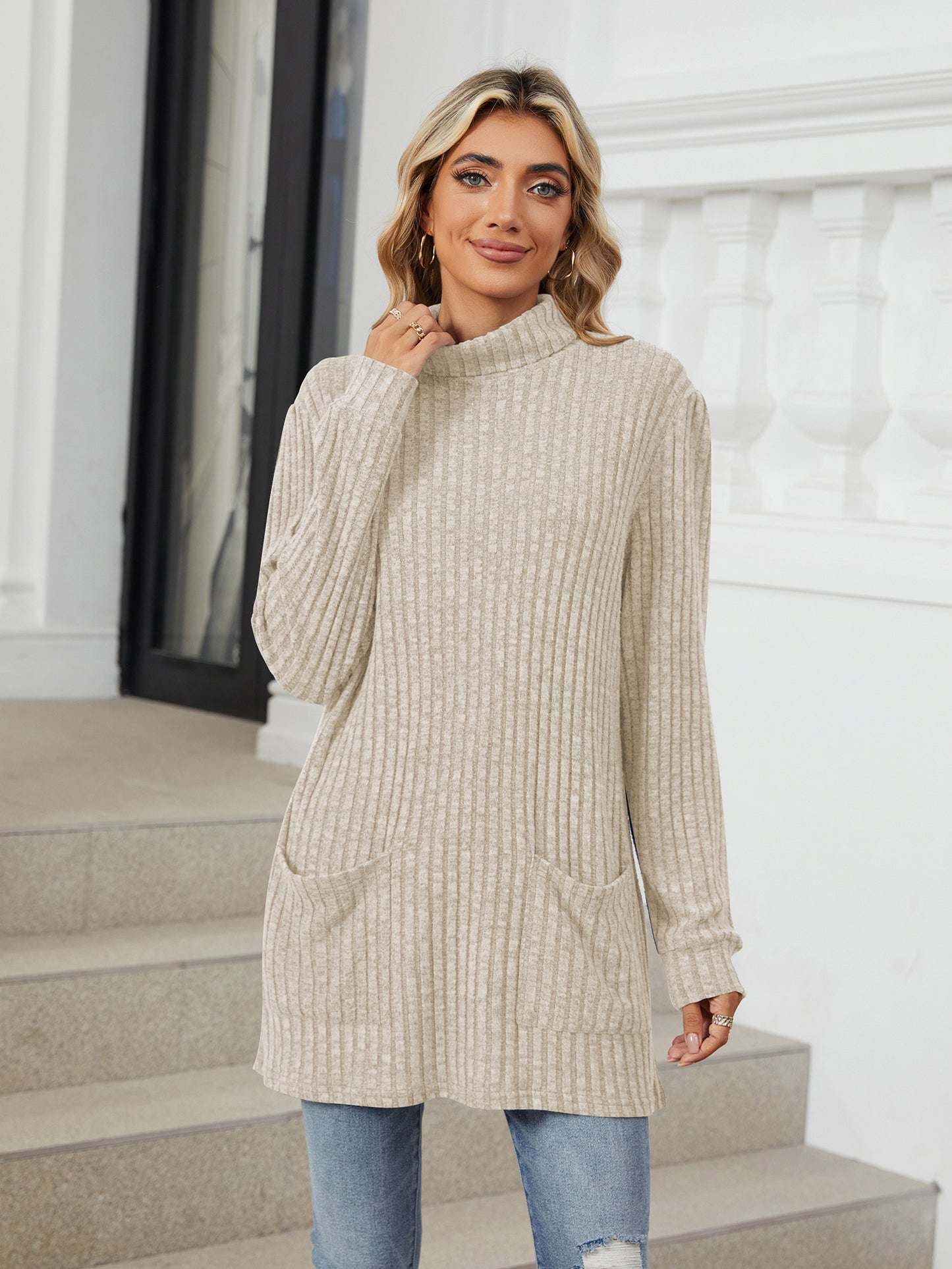 TEMOFON Long Sleeve Tops for Women Casual Turtleneck Soft Sweaters Fall Loose Knit Tunic Tops Fall Pullover Winter Clothes with Pocket