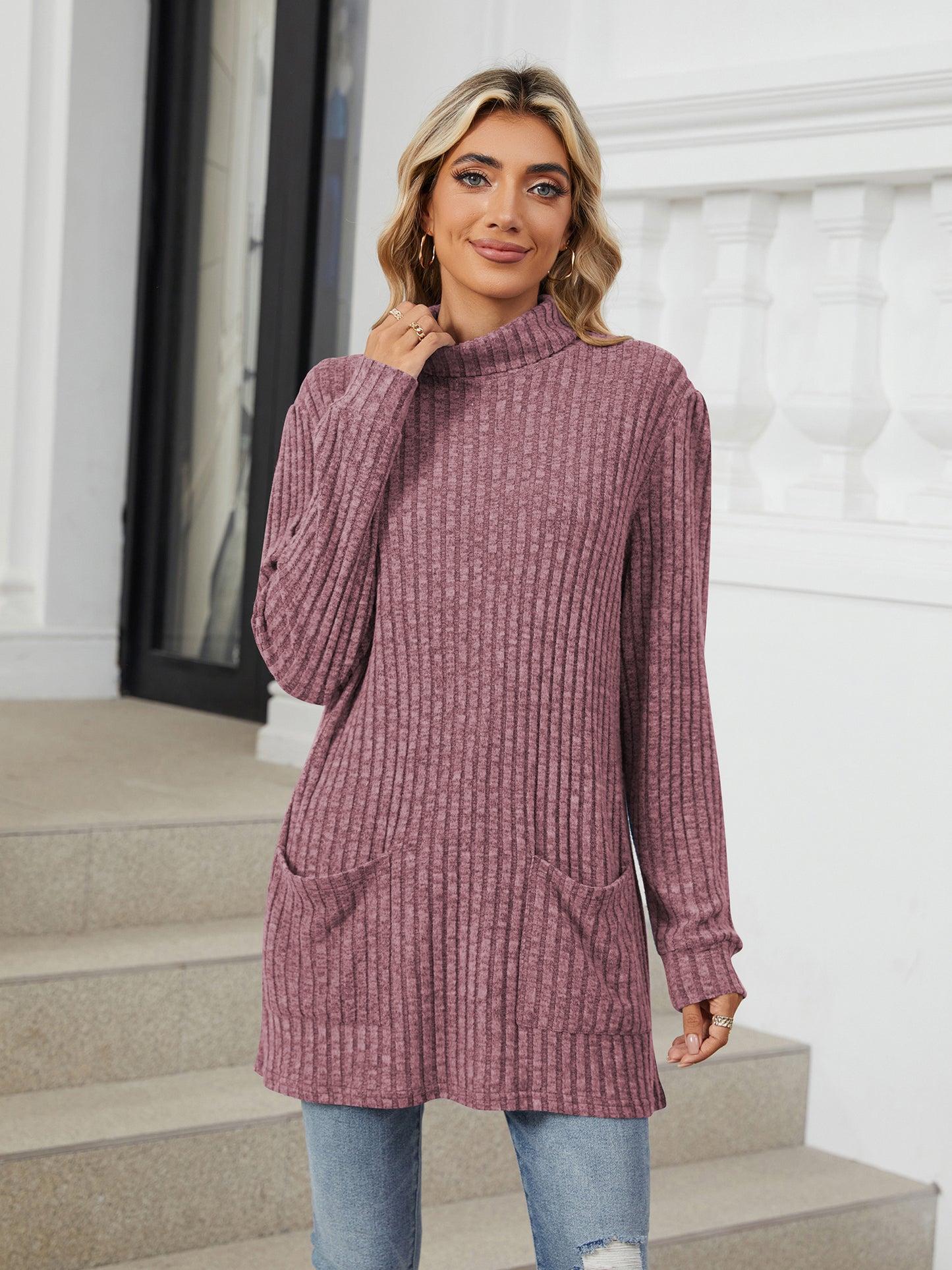 TEMOFON Long Sleeve Tops for Women Casual Turtleneck Soft Sweaters Fall Loose Knit Tunic Tops Fall Pullover Winter Clothes with Pocket