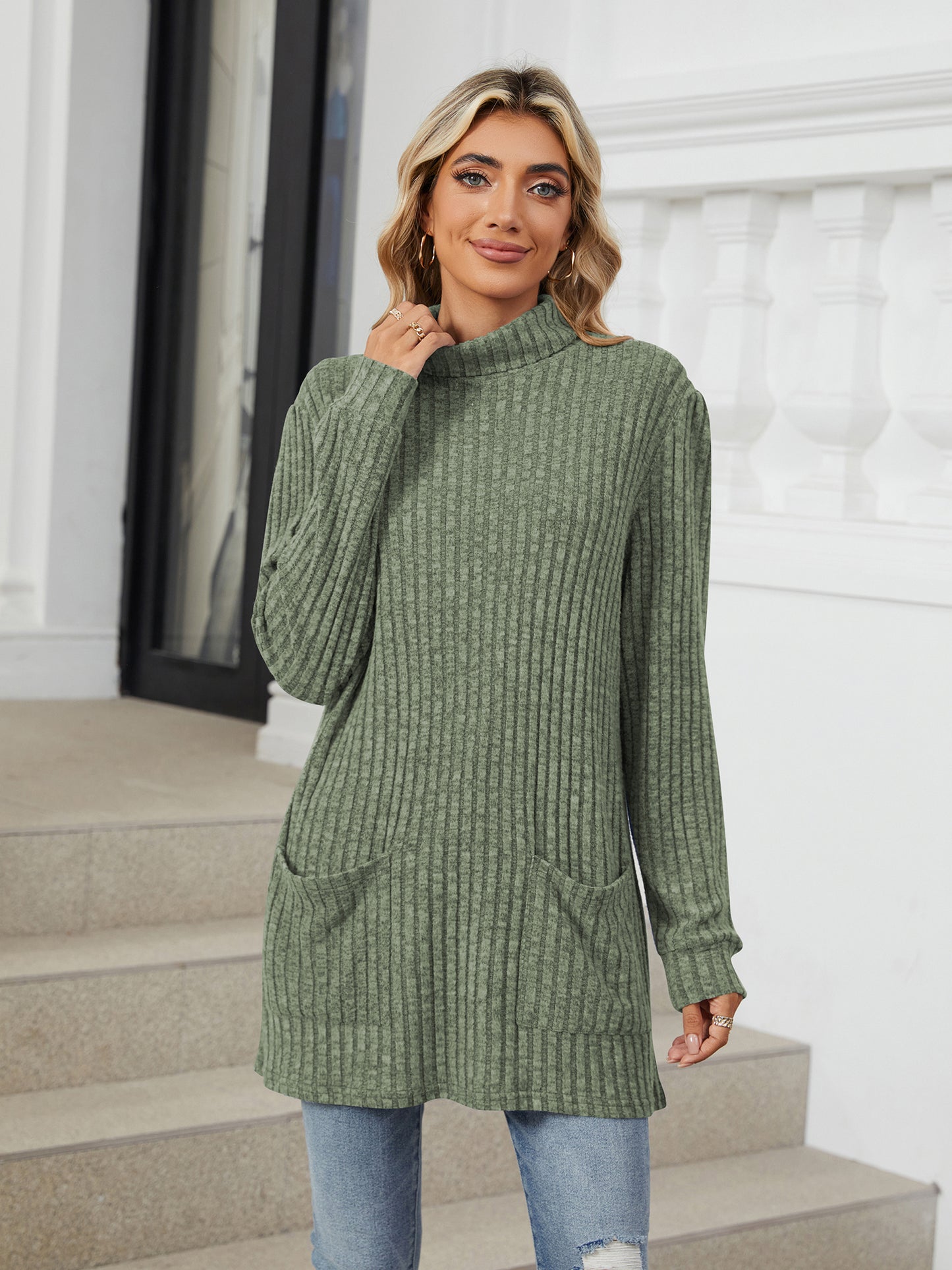 TEMOFON Long Sleeve Tops for Women Casual Turtleneck Soft Sweaters Fall Loose Knit Tunic Tops Fall Pullover Winter Clothes with Pocket