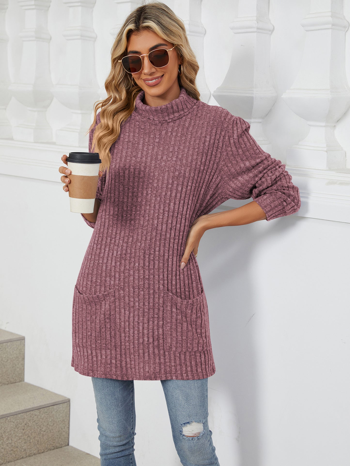 TEMOFON Long Sleeve Tops for Women Casual Turtleneck Soft Sweaters Fall Loose Knit Tunic Tops Fall Pullover Winter Clothes with Pocket