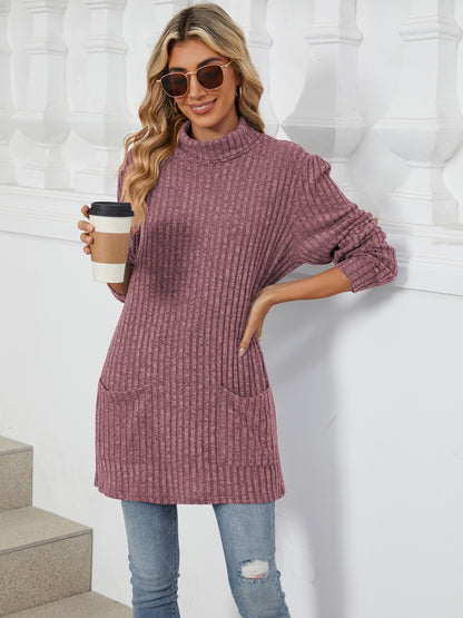 TEMOFON Long Sleeve Tops for Women Casual Turtleneck Soft Sweaters Fall Loose Knit Tunic Tops Fall Pullover Winter Clothes with Pocket