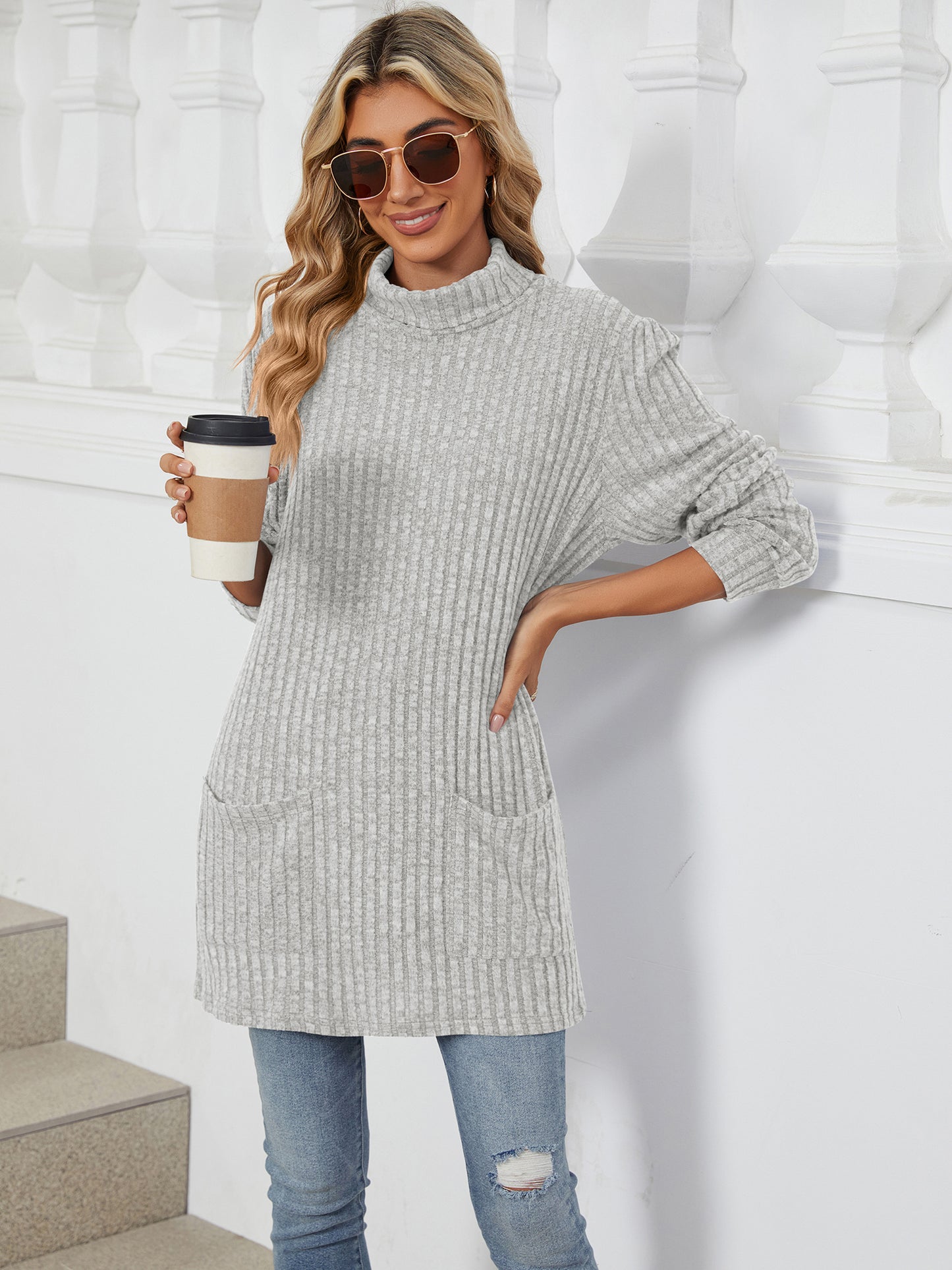 TEMOFON Long Sleeve Tops for Women Casual Turtleneck Soft Sweaters Fall Loose Knit Tunic Tops Fall Pullover Winter Clothes with Pocket