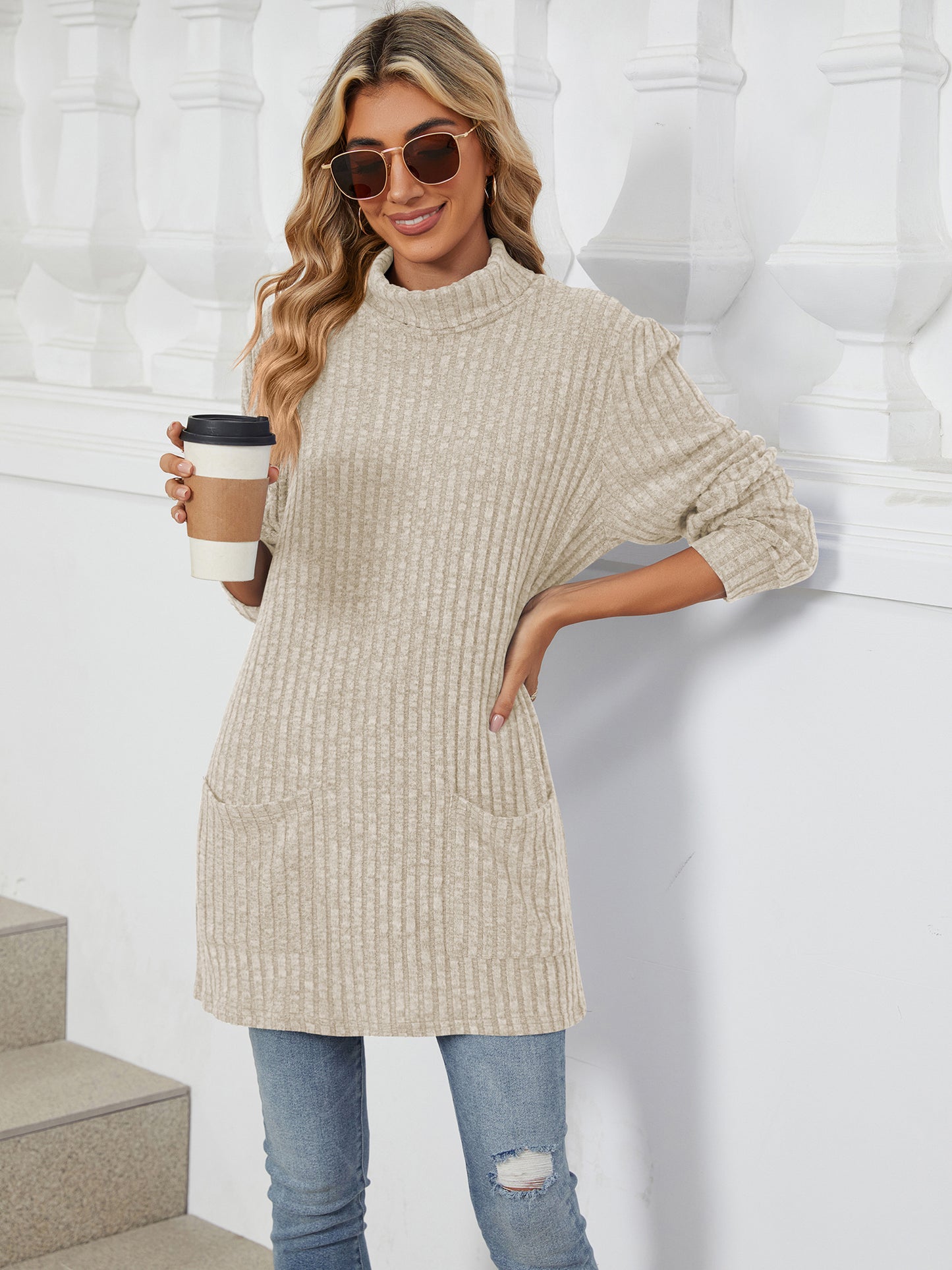 TEMOFON Long Sleeve Tops for Women Casual Turtleneck Soft Sweaters Fall Loose Knit Tunic Tops Fall Pullover Winter Clothes with Pocket
