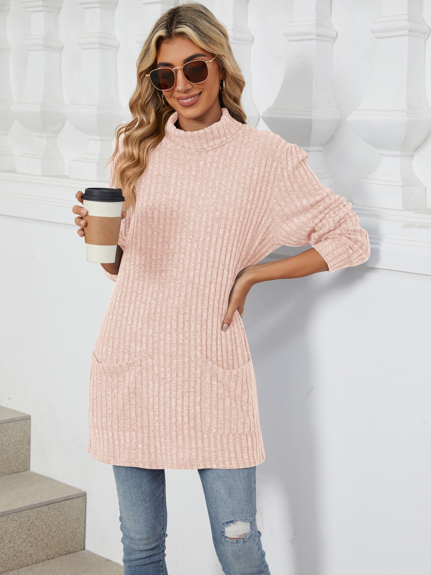 TEMOFON Long Sleeve Tops for Women Casual Turtleneck Soft Sweaters Fall Loose Knit Tunic Tops Fall Pullover Winter Clothes with Pocket