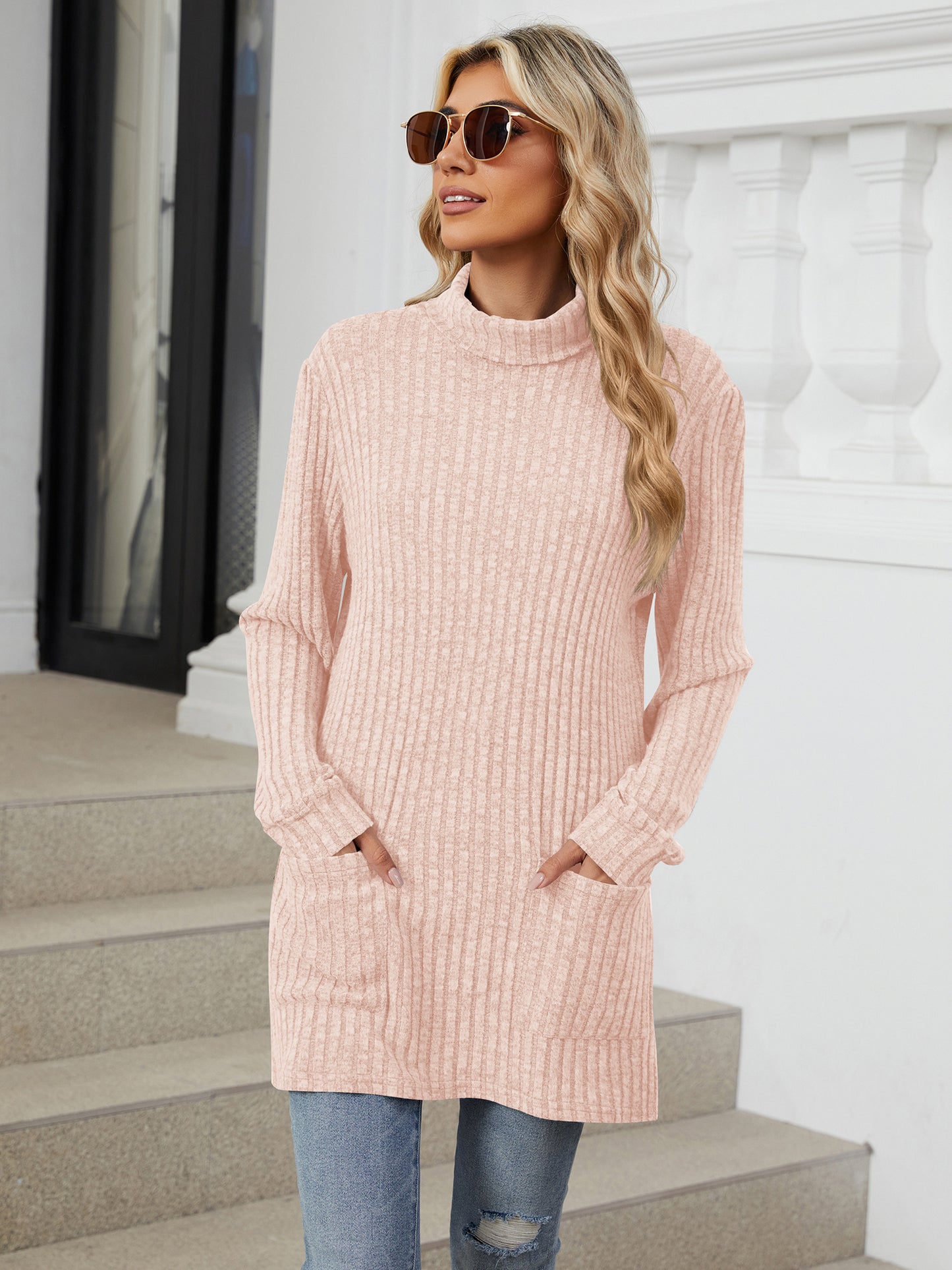 TEMOFON Long Sleeve Tops for Women Casual Turtleneck Soft Sweaters Fall Loose Knit Tunic Tops Fall Pullover Winter Clothes with Pocket