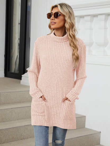 TEMOFON Long Sleeve Tops for Women Casual Turtleneck Soft Sweaters Fall Loose Knit Tunic Tops Fall Pullover Winter Clothes with Pocket